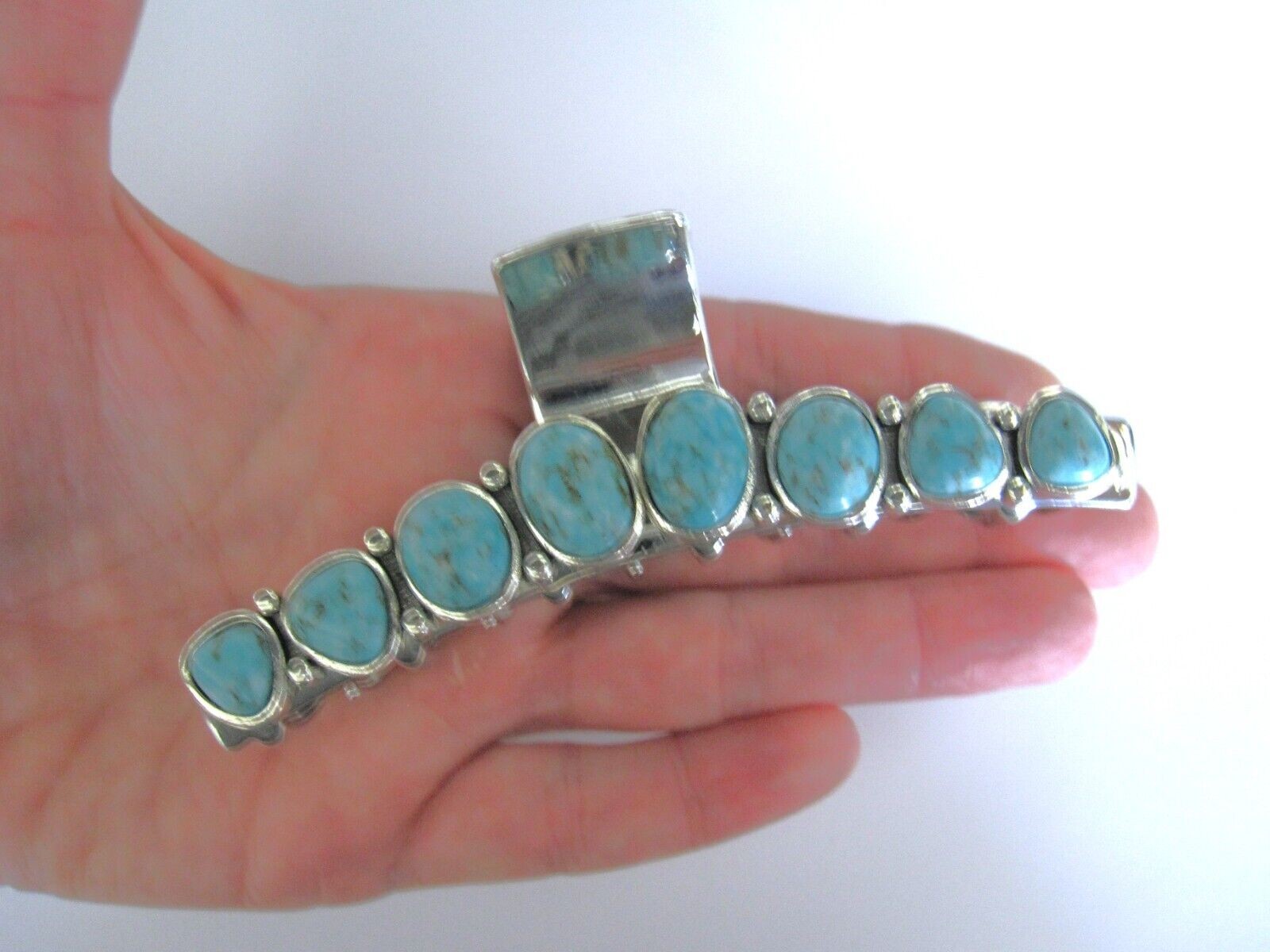 Long turquoise blue stone silver western style metal hair claw