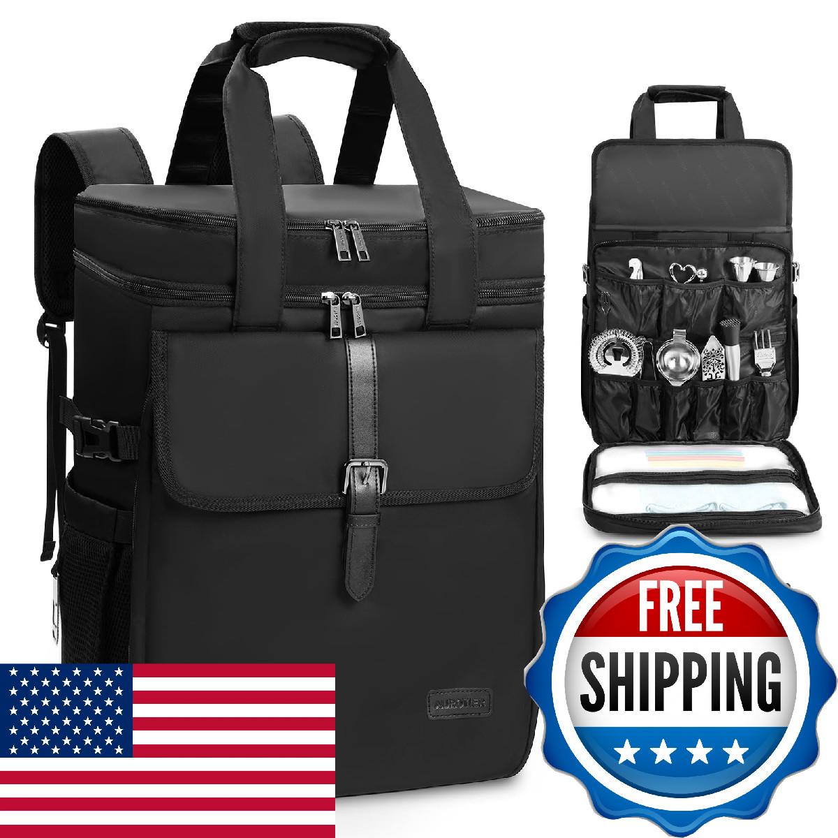 Bartender Bag, Leakproof Travel Bartender Kit Backpack for Carrying Bar Kit, Por