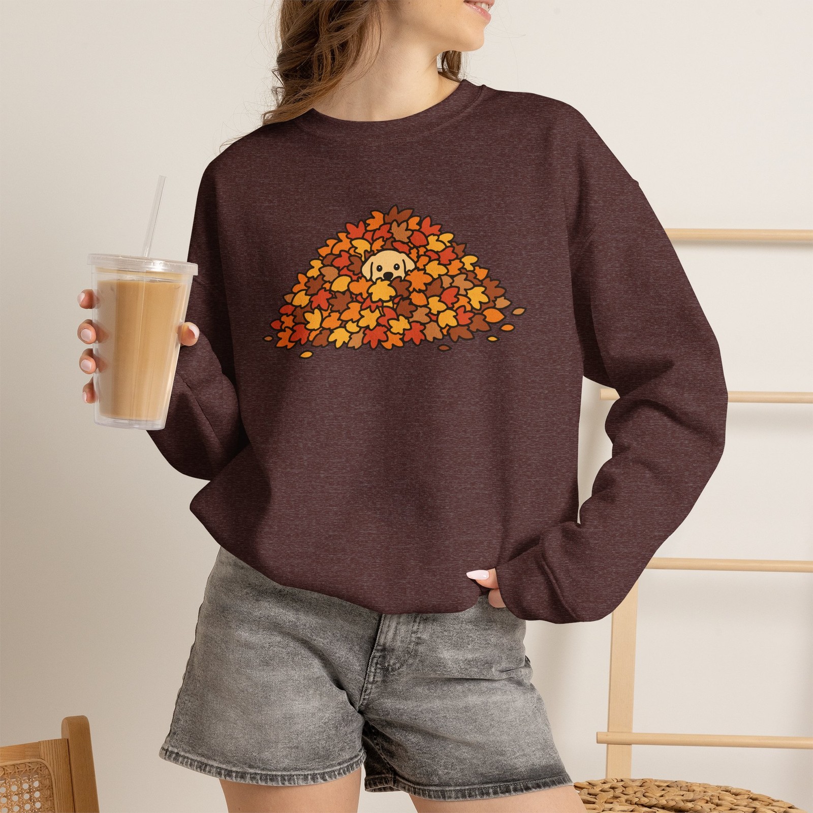 Fall Leaf Pile Cute Yellow Lab Puppy Crewneck Sweatshirt | Autumn Dog Doodle