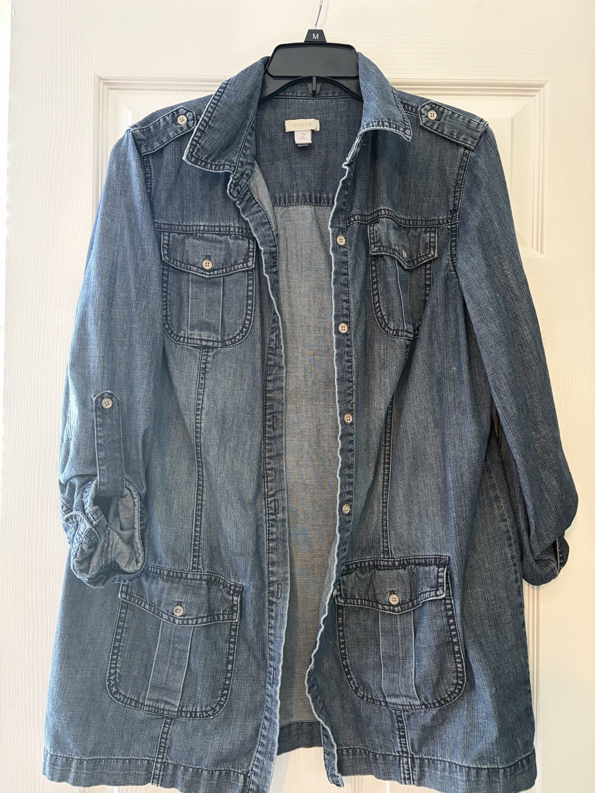 Chico’s Long Denim Shacket with Patch Pockets