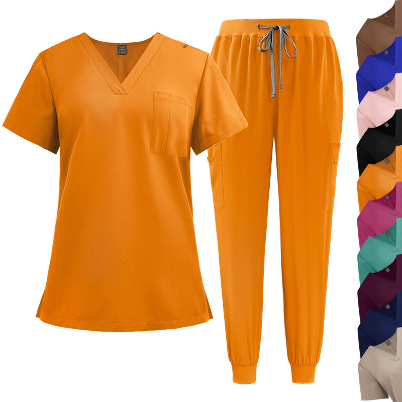 Unisex Jogger Scrub Set Men Women Medical Nurse Uniform Suit V-Neck 1-Pocket-Top