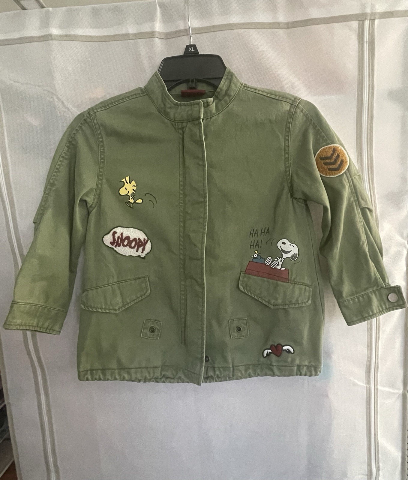 Zara Girls Green Military Jacket Peanuts Snoopy Woodstock Full Zip Size 6