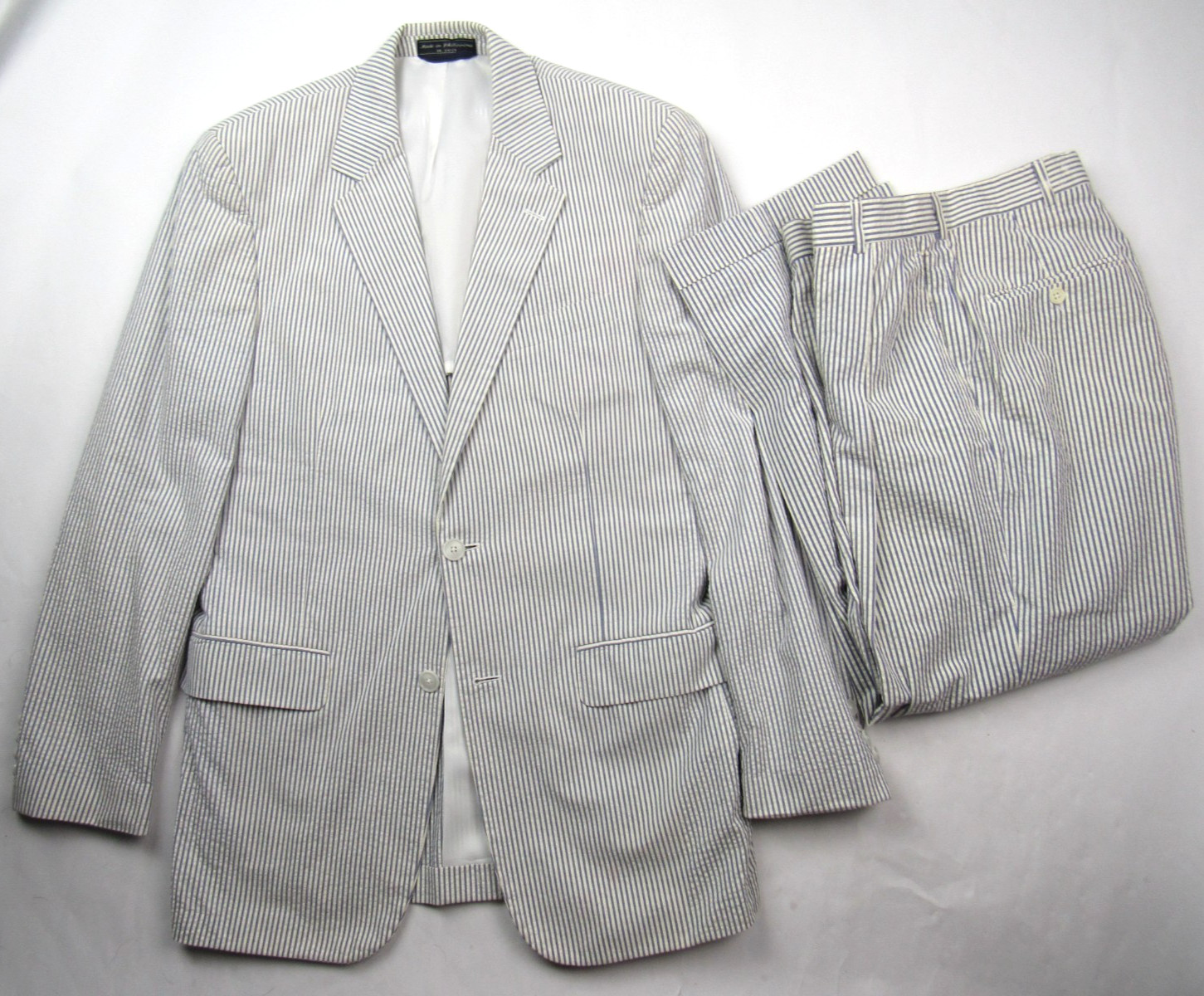 Haspel 2 Piece Seersucker Suit White Blue Men 40L / 28×27.5 Old Money Southern