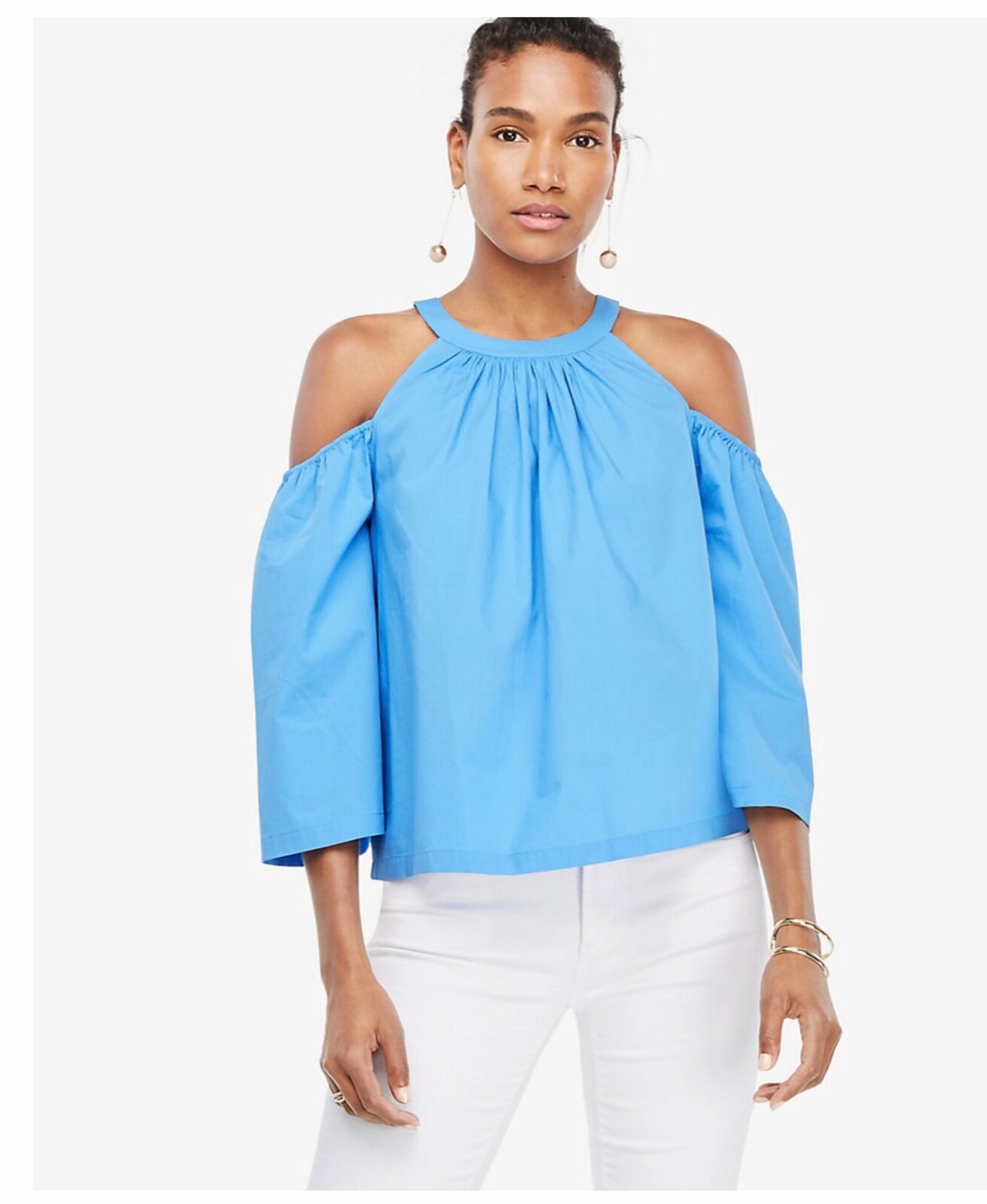 NWT Ann Taylor Poplin Structured Cold Shoulder Top MSRP $69.50 French Blue XXS