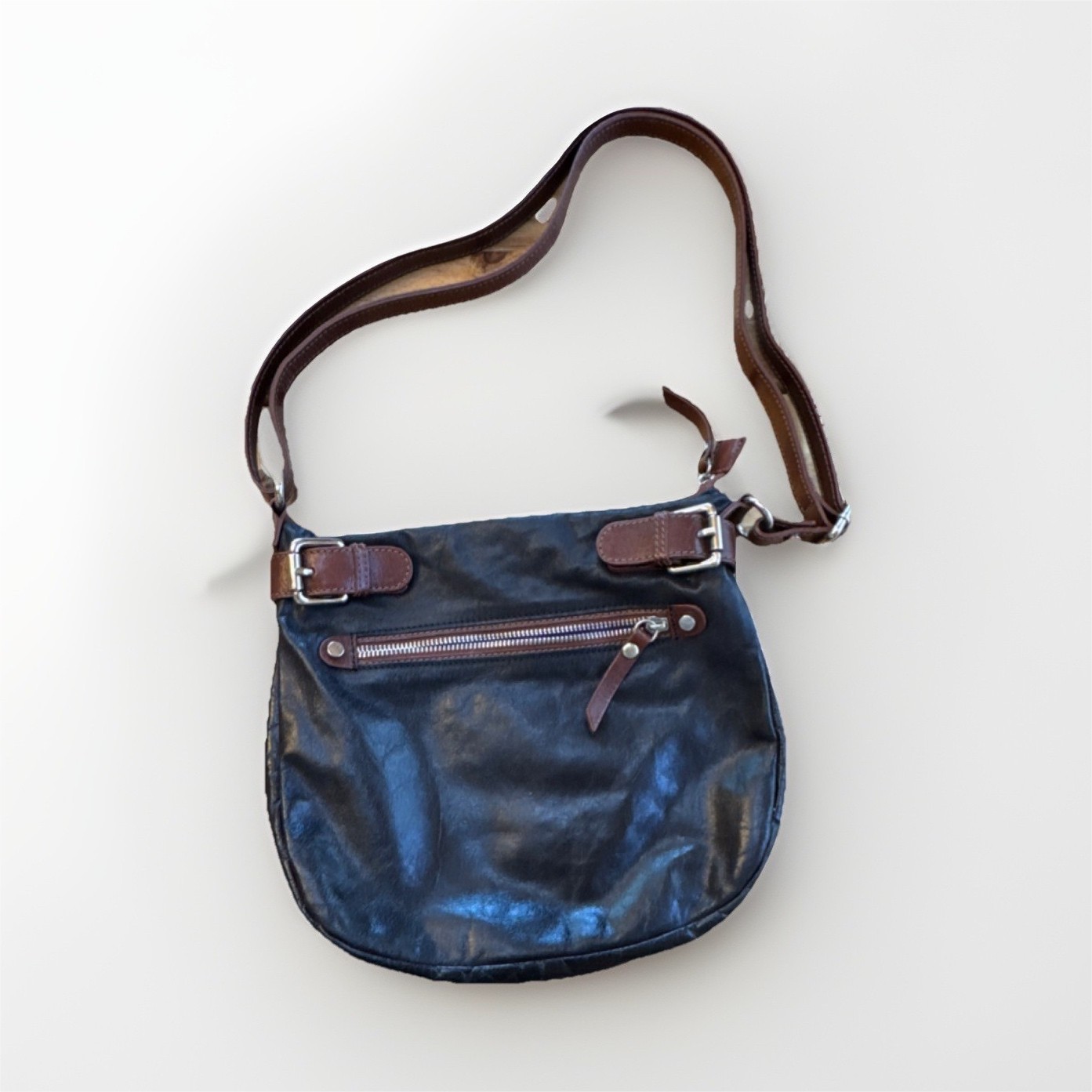 Tano Black Shoulder Bag Brown Strap Buckle Accent Zipper Silver Hardware