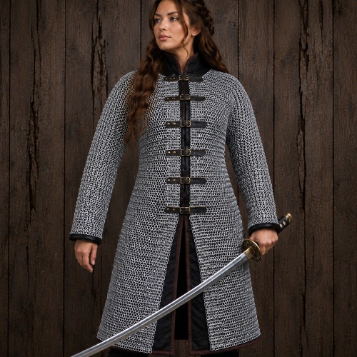 Dark Gray Aluminum Chainmail Hauberk – 9mm Flat Riveted Rings, Full Sleeve, Fr