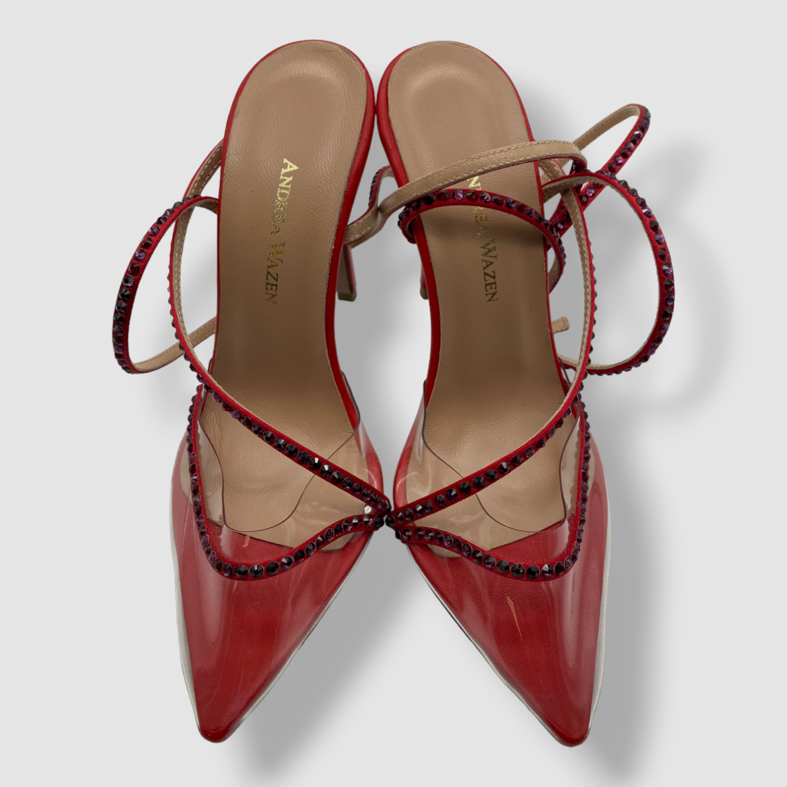 $695 Andrea Wazen Women’s Red Dassy Sunset PVC Ankle Wrap Pump Heel Shoes 39