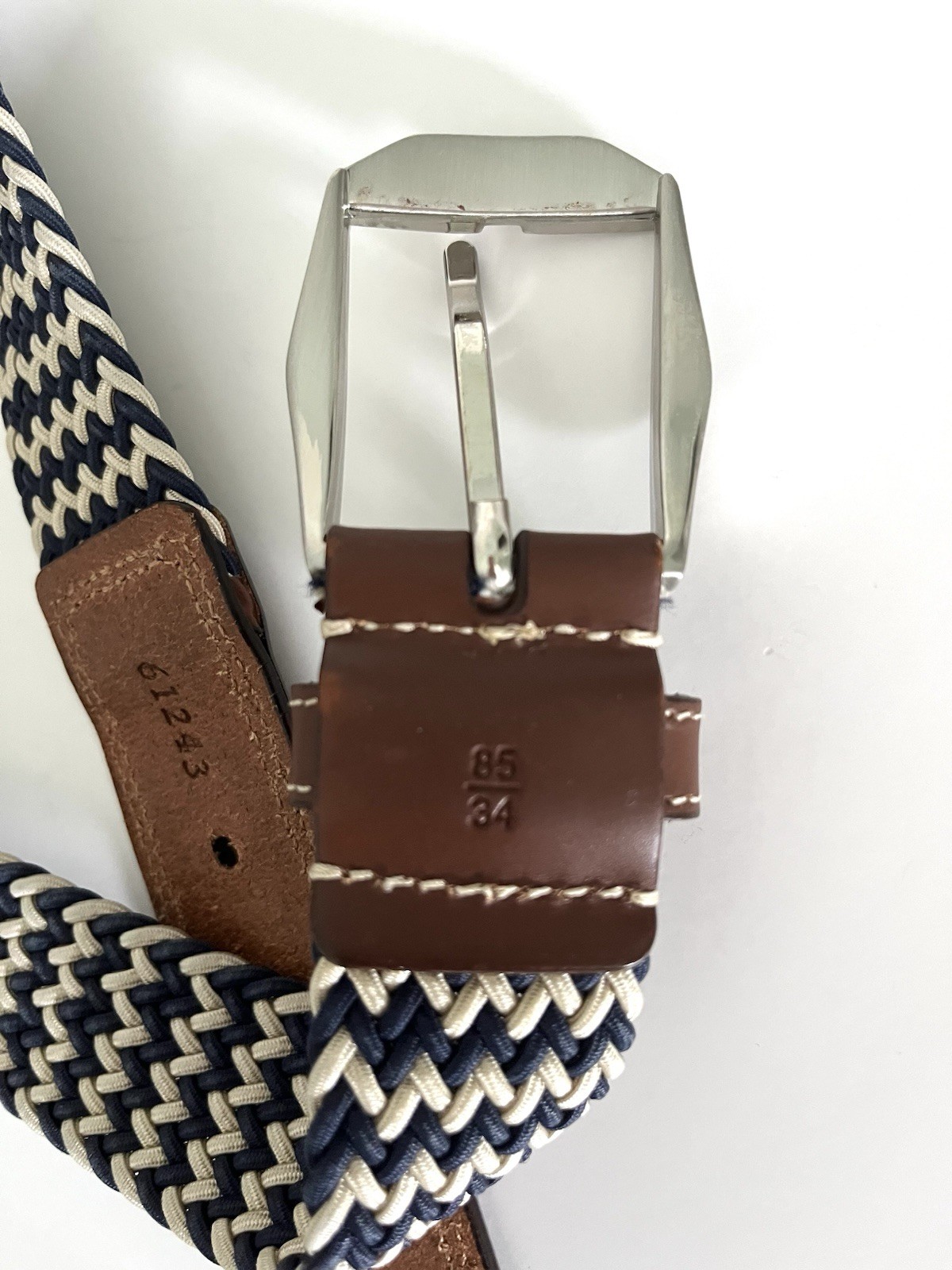 Martin Dingman Leather End Belt Beige Navy Tan Braided Woven Rope Size 34