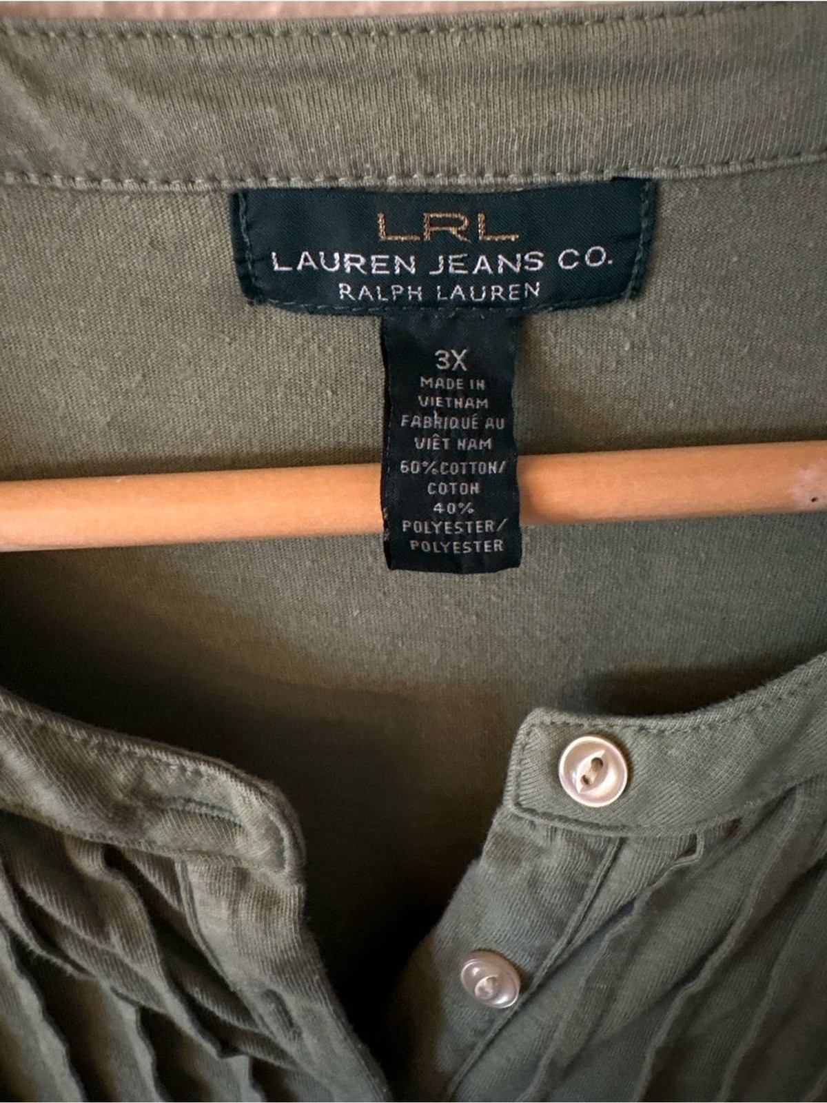 Lauren Ralph Lauren Sage Green Pintuck Henley Top 2X Long Sleeve