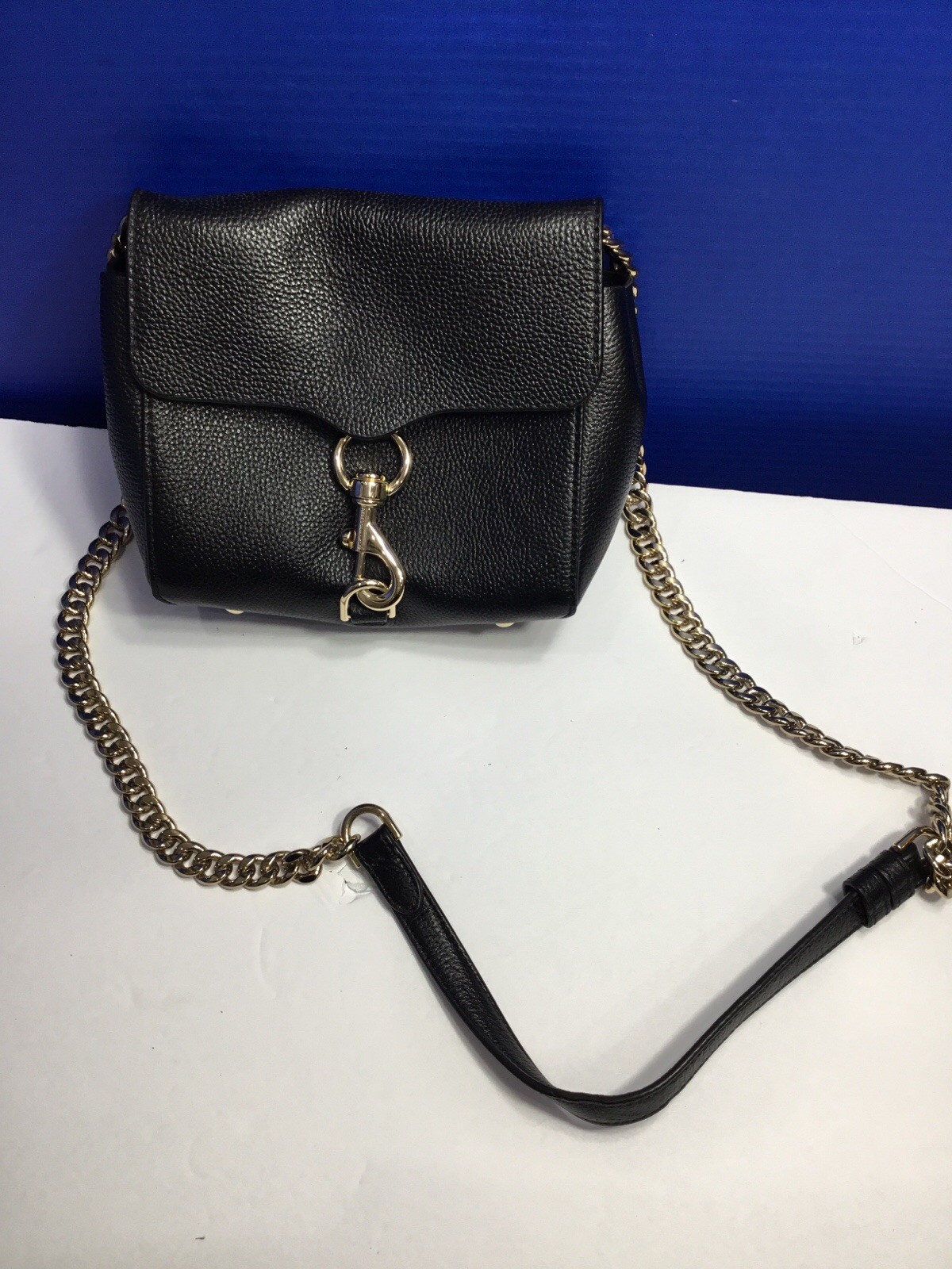 Rebecca Minkoff Mac Mini Leather Shoulder Bag Black Gold Chain Used