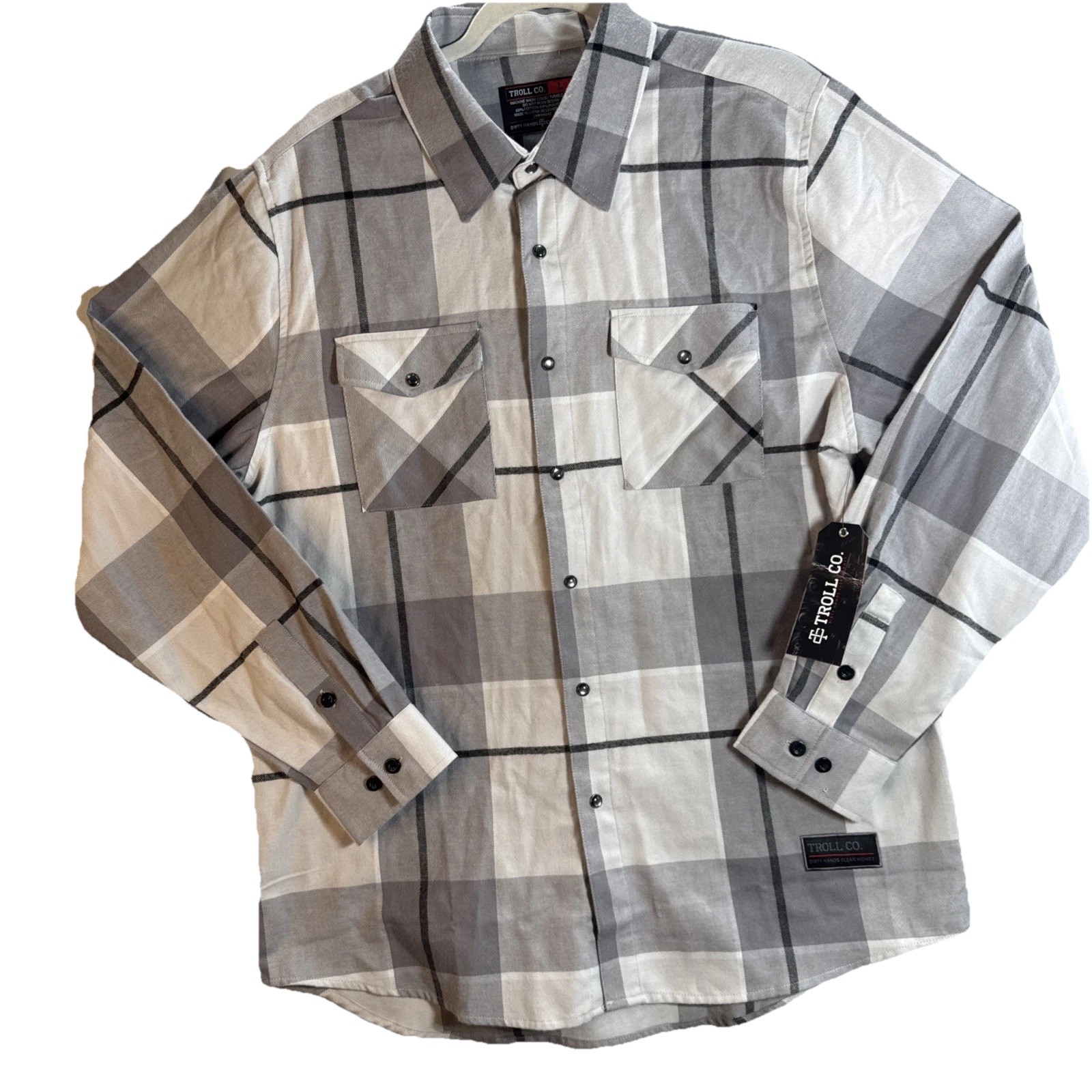 TROLL CO Mens Pierce Flannel Black/Gray Pearl Snap Shirt Size Medium NWT