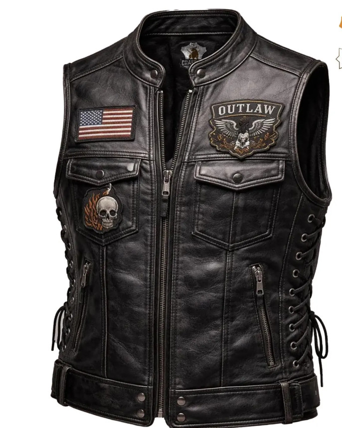 Men’s Black Leather Biker Vest Outlaw Patch Motorcycle Western Cowboy Waistcoat