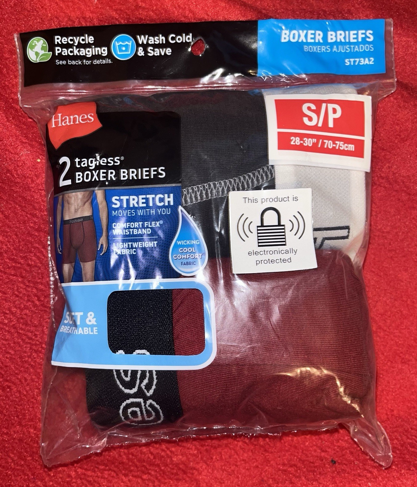 Hanes Tagless Breathable Stretch Boxer Briefs 2-Pack S/P Black Red Gray ST73A2
