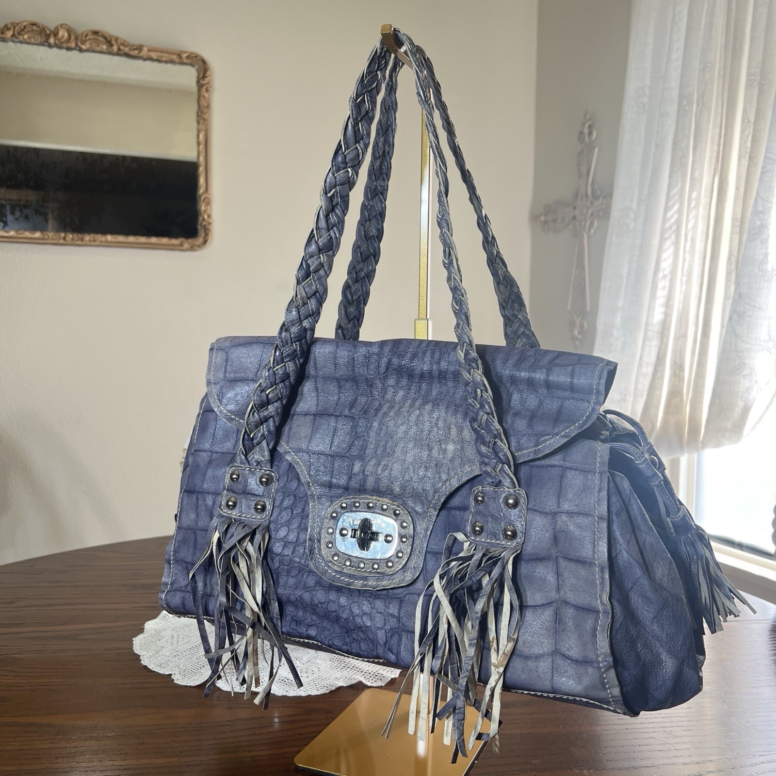 Italian Leather Western Boho Fringe Braccialini Satchel Shoulder Bag