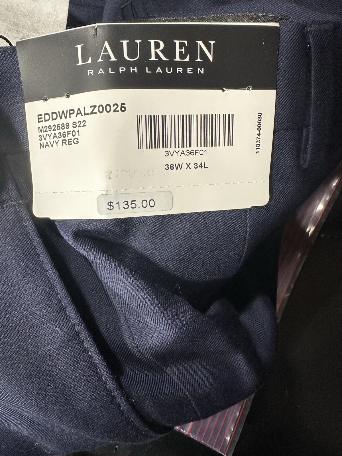 NWT Ralph Lauren Navy Reg. Classic Fit Suit Trouser Men Pants Slacks 36×34 L#EB5
