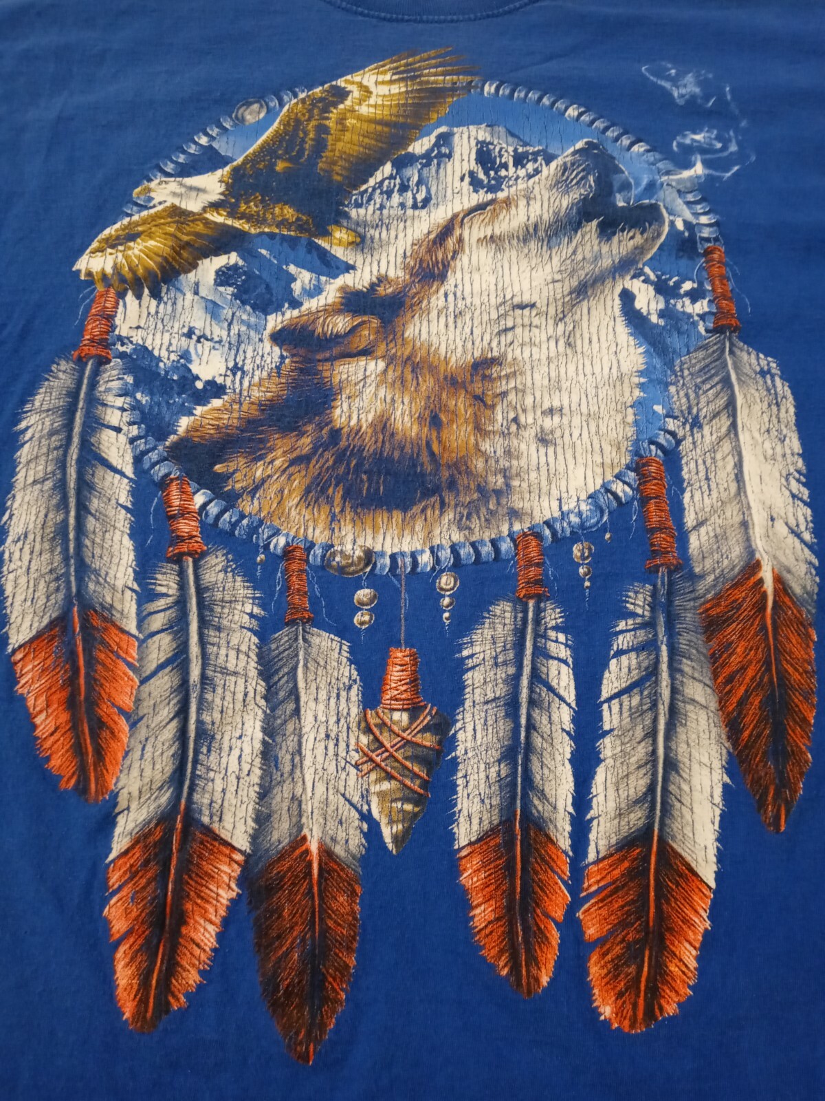 Wolf Eagle Feathers Mens T Shirt Size XL Blue Short Sleeve Crewneck 100% Cotton