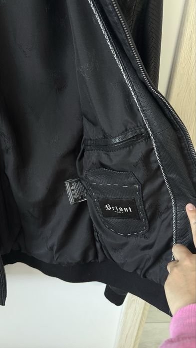 Men Brioni Jacket Black Leather 40