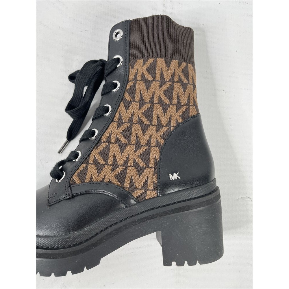 Michael Kors Brea Black Leather & Brown Logo Jacquard Combat Boots 6M