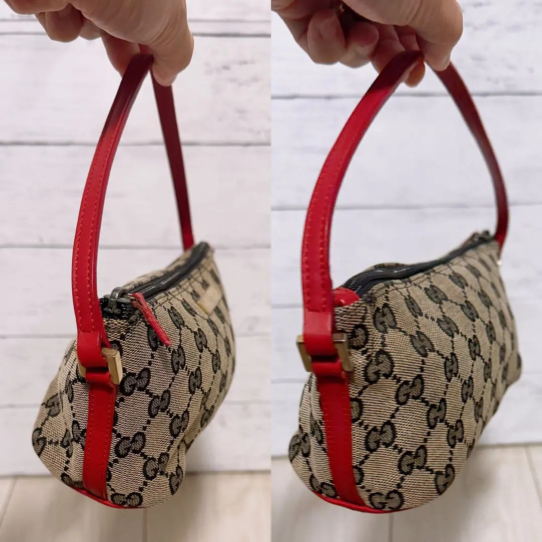 Authentic GUCCI GG Canvas Accessory Pouch Beige Handbag Gold Logo Plate