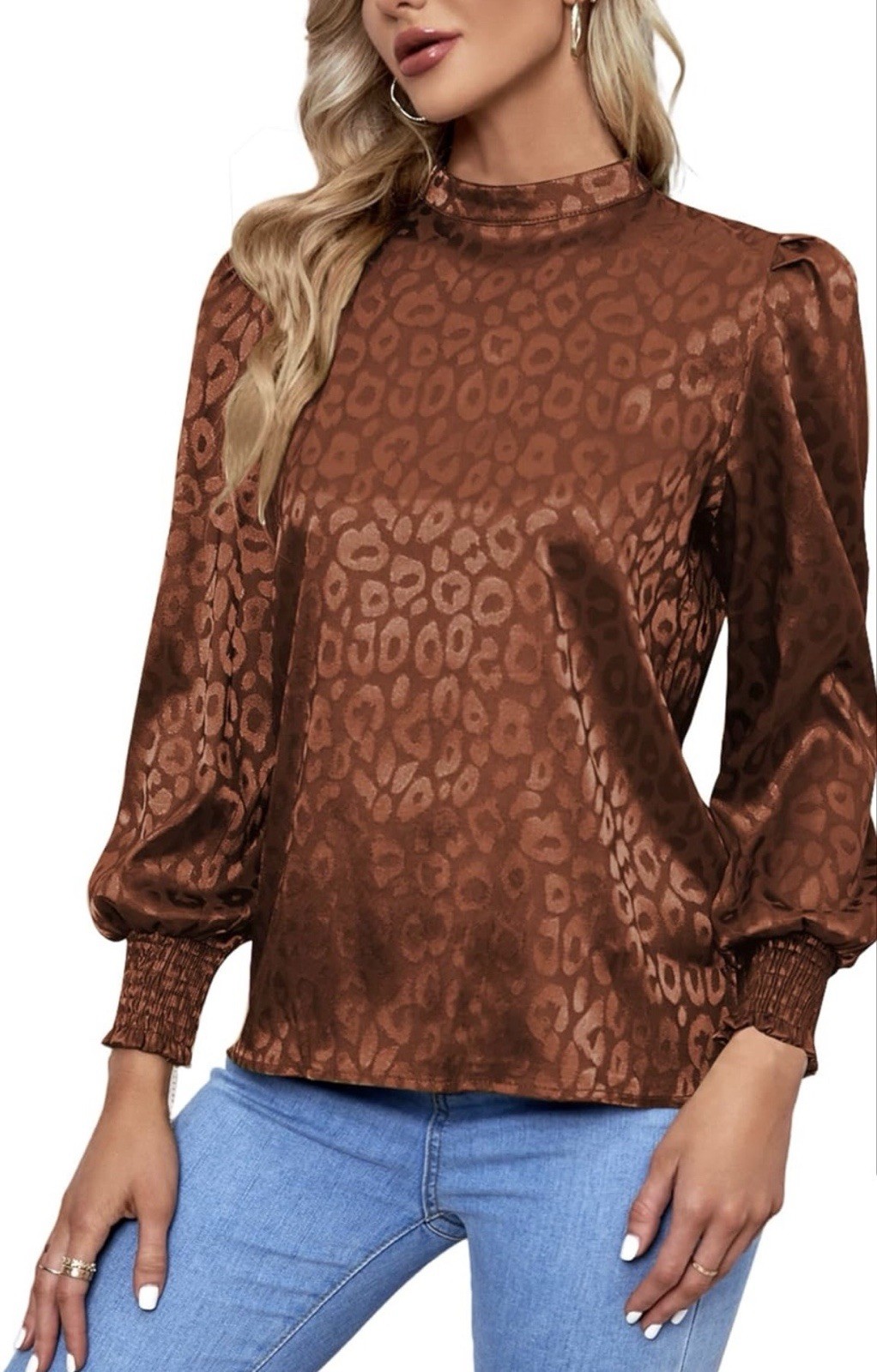 Lyaner NWOT Brown Satin Mock Neck Puff Sleeve Blouse XL Leopard Jacquard
