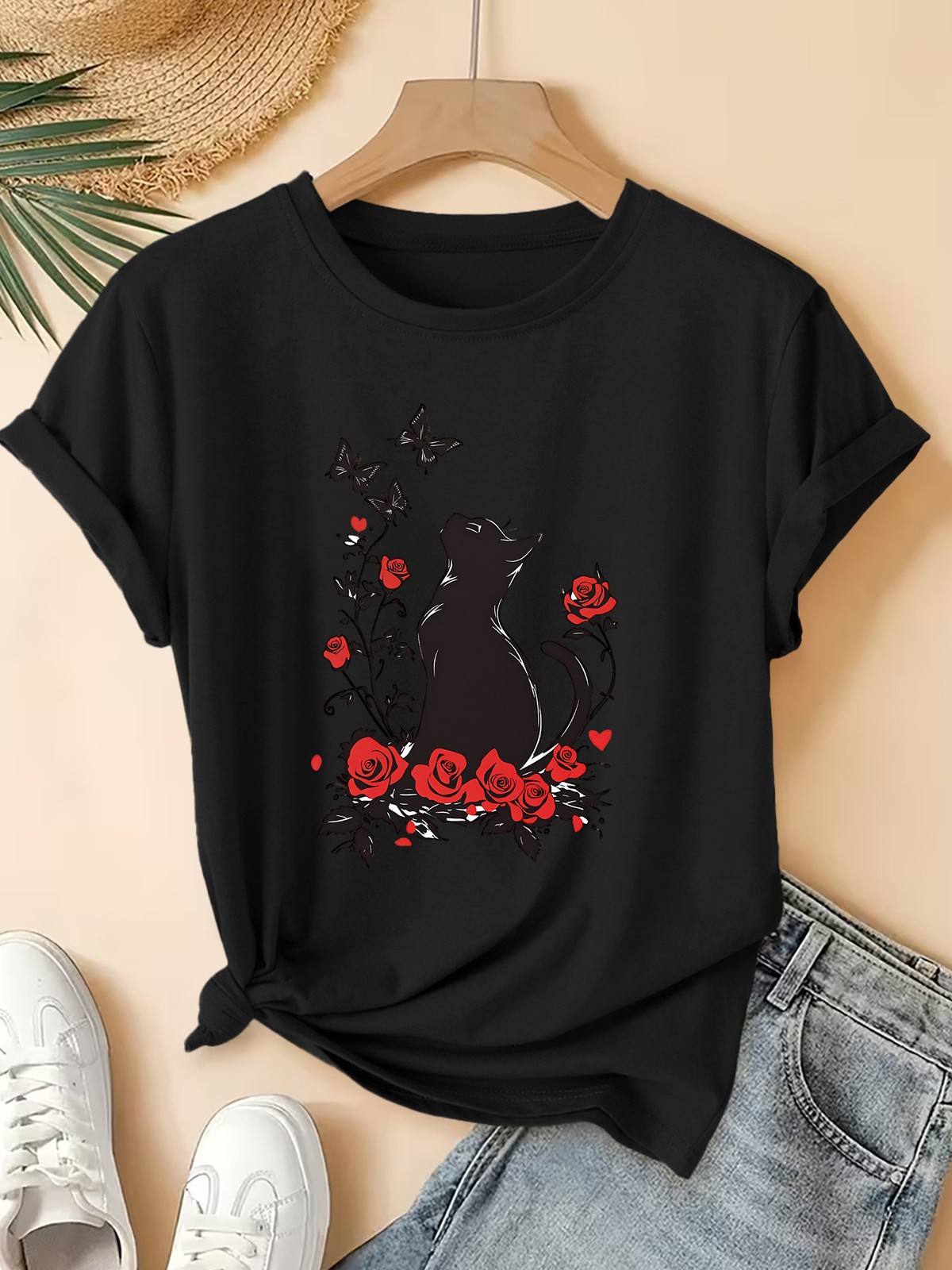 Summer Women’S Round Neck Short Sleeve T-Shirt Cat Butterfly Print Casual Top▧