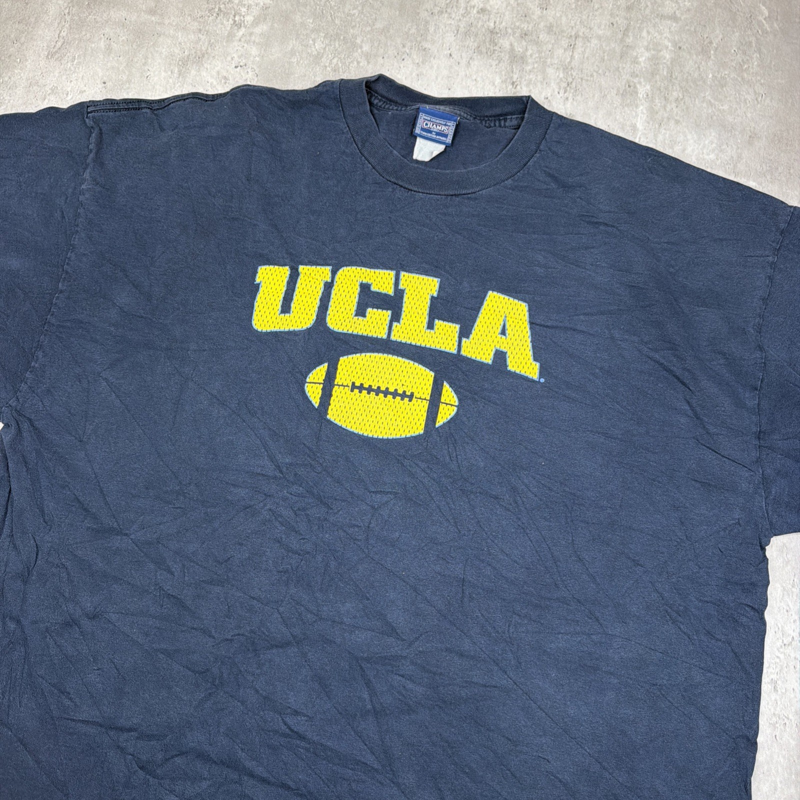 Vintage Champs UCLA Bruins Football Spell Out Shirt Men’s XXL Navy Blue NCAA