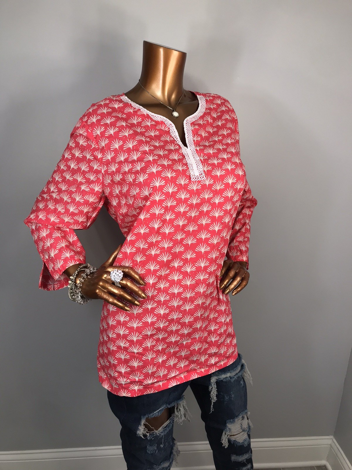 Talbots XL Top Low V Cut Pink White Print Shirt Soft 3/4 Slv Blouse Tunic
