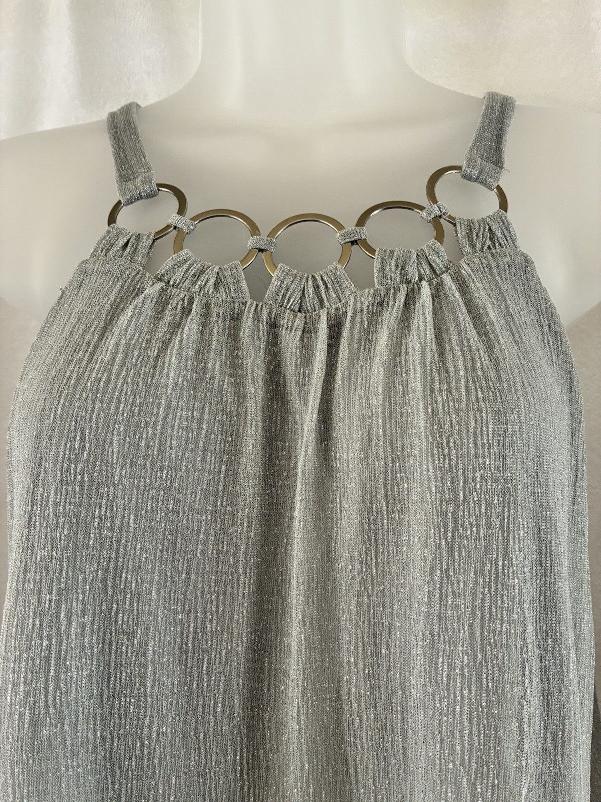 Alfani Metallic Chiffon Halter Sleeveless Lined Blouse Metal Ring Silver M