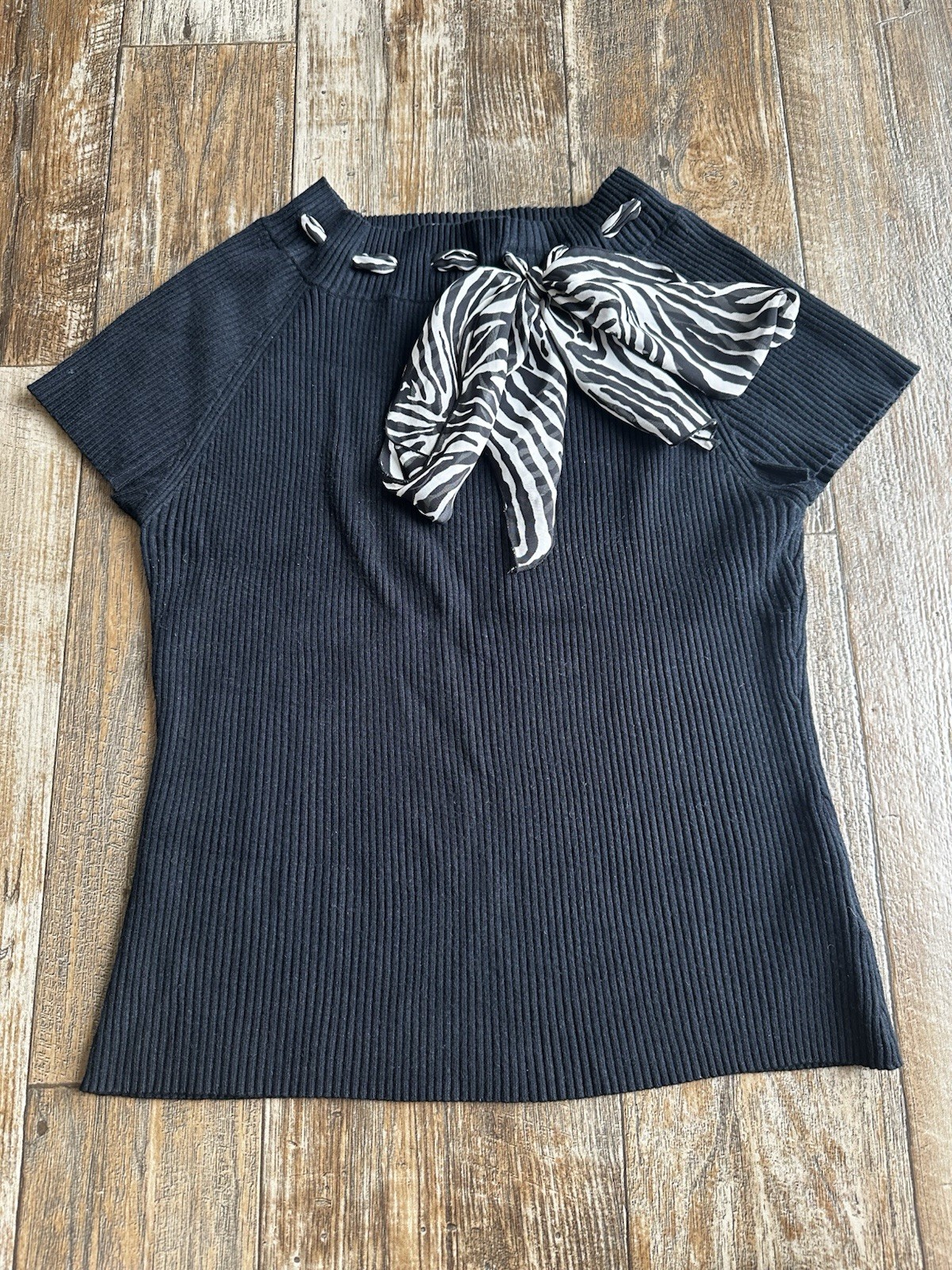 George Ribbed Knit Short Sleeve Pullover Top Zebra Neck Tie Y2K 90s Womens XL