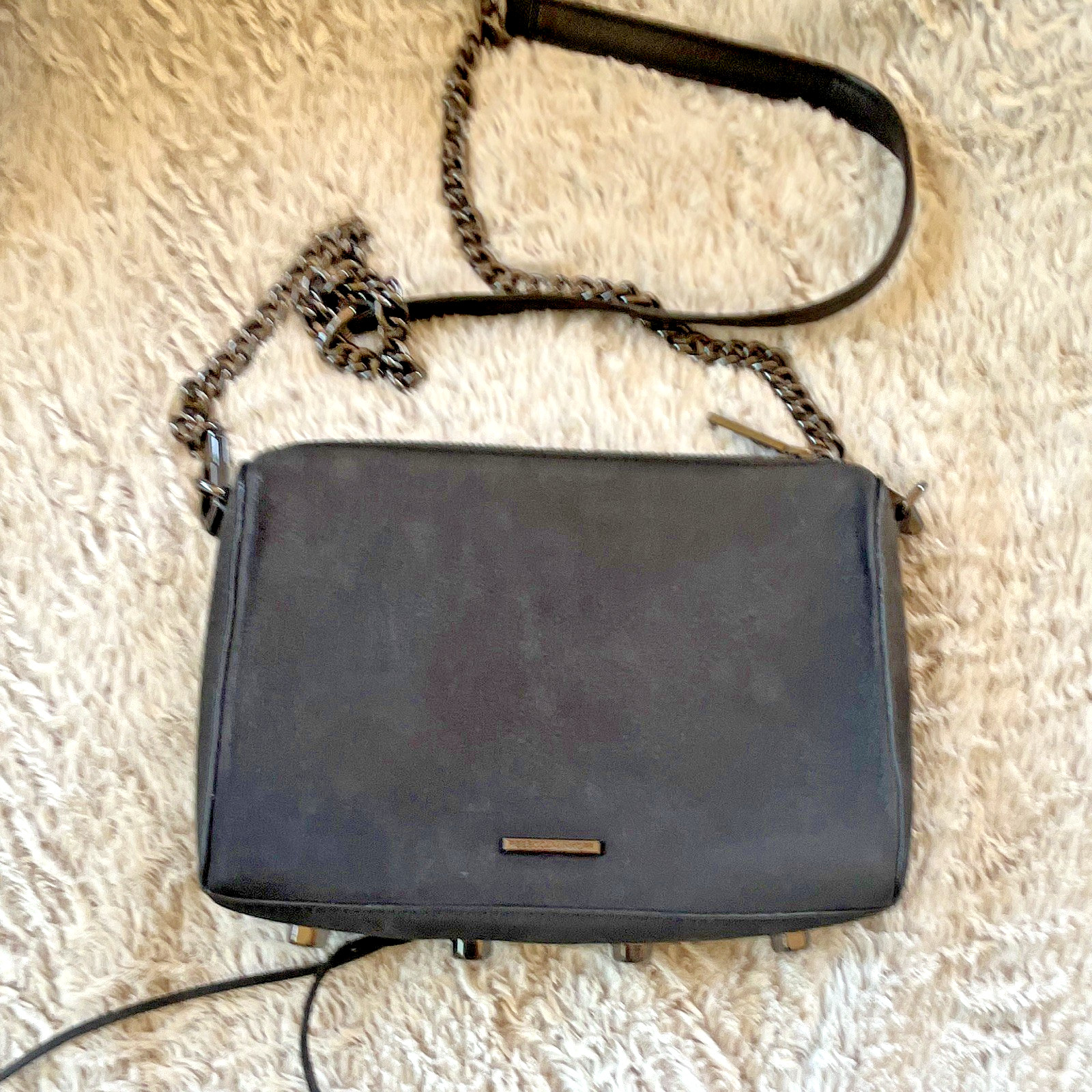 Rebecca Minkoff Black Pebbled Crossbody Bag Chain Strap Zip Outer Pocket Studs