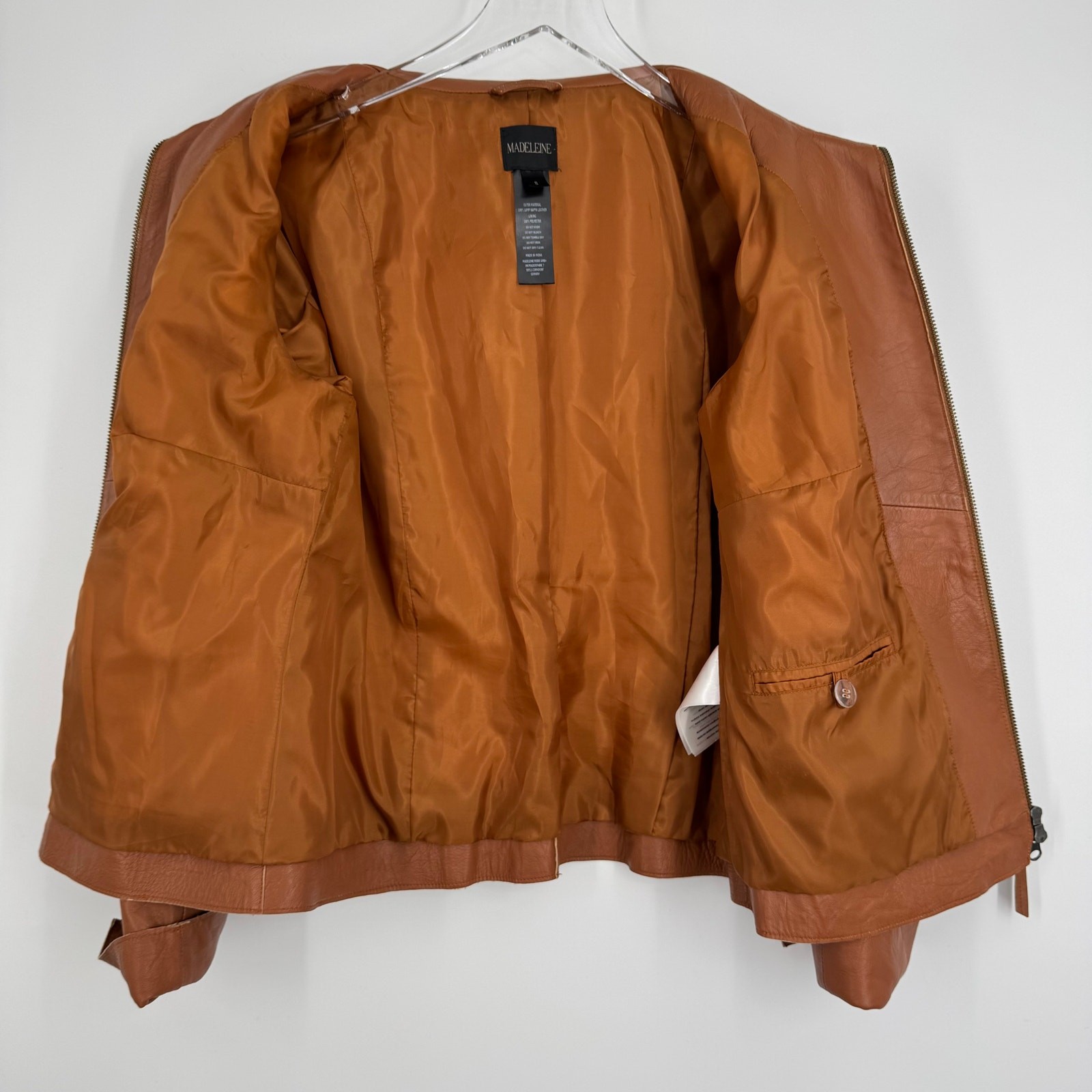 Madeleine jacket women’s 8 100% lamb soft Nappa leather zip front cognac brown