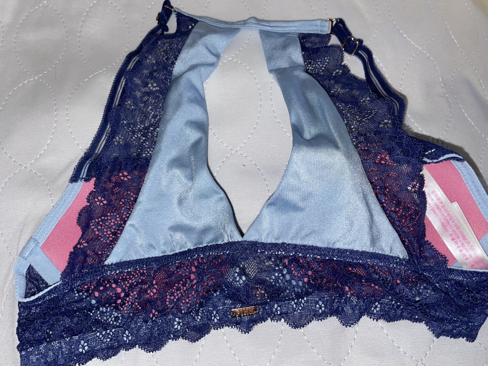 Victoria’s Secret PINK Blue Lace Date Push Up Racerback 32B Bra Front Closure
