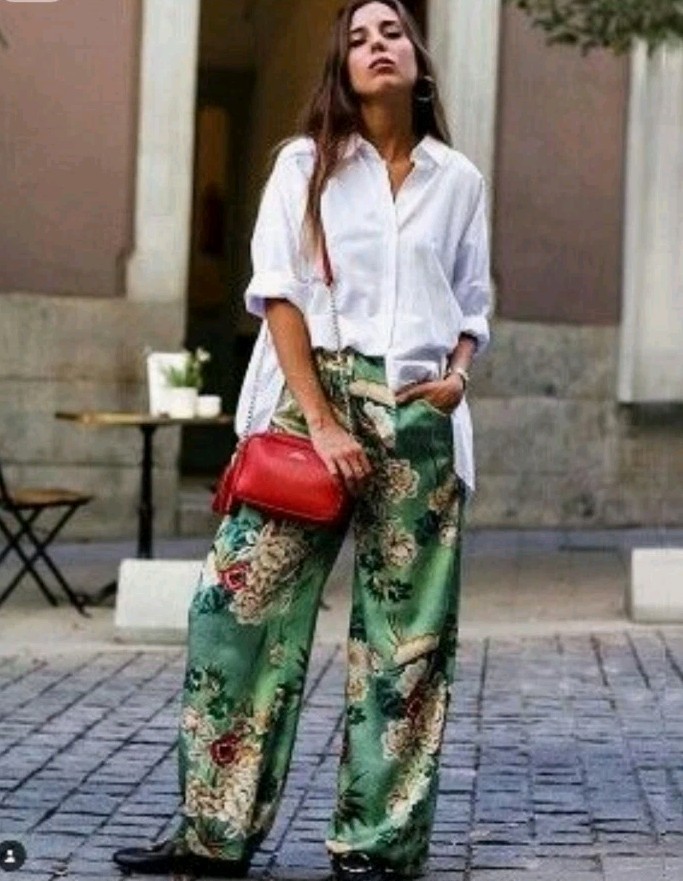 Zara Oriental Satin Green Wide Leg Elastic Waist Trousers L 10