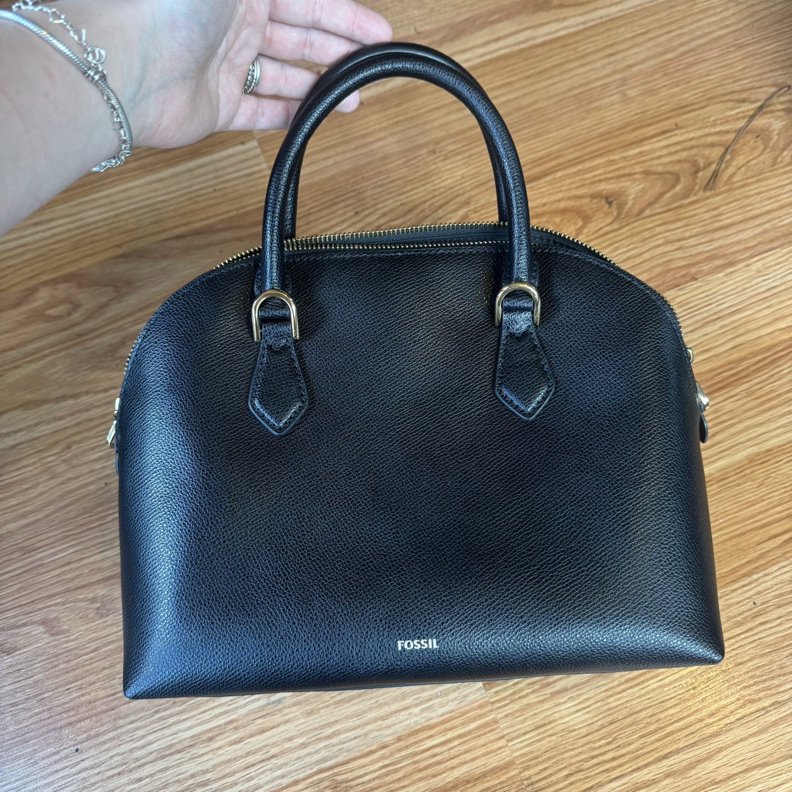 Fossil Black Bri Dome Satchel SHB3256001 Leather Purse with Gold Accents Zip