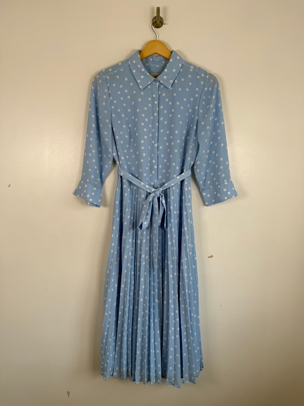 Hobbs Dress Size 10 Blue Polka Dot Pleated Midi Leona Belted Occasion Wedding