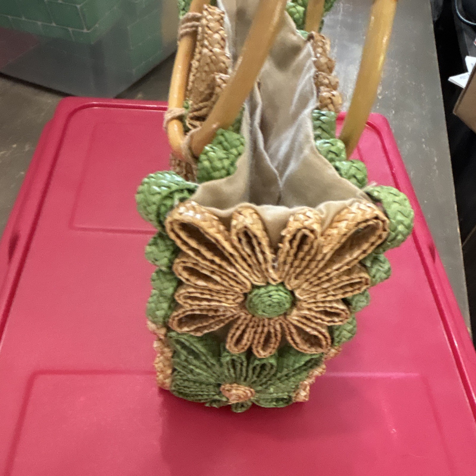 Green Beige Floral Straw Tote Bag Crochet Accents Bamboo Top Handles Lined