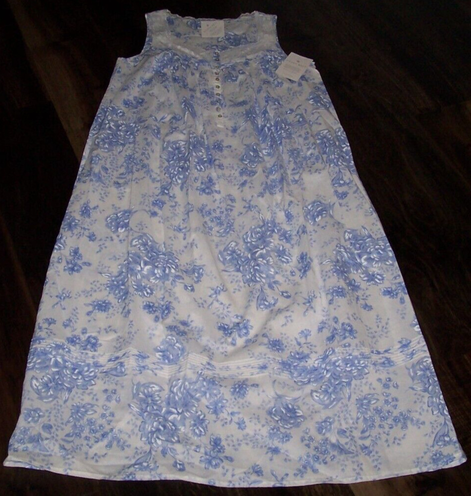 NWT Eileen West White/PERIWINKLE BLUE Floral 50″ Sleeveless Cotton Nightgown S