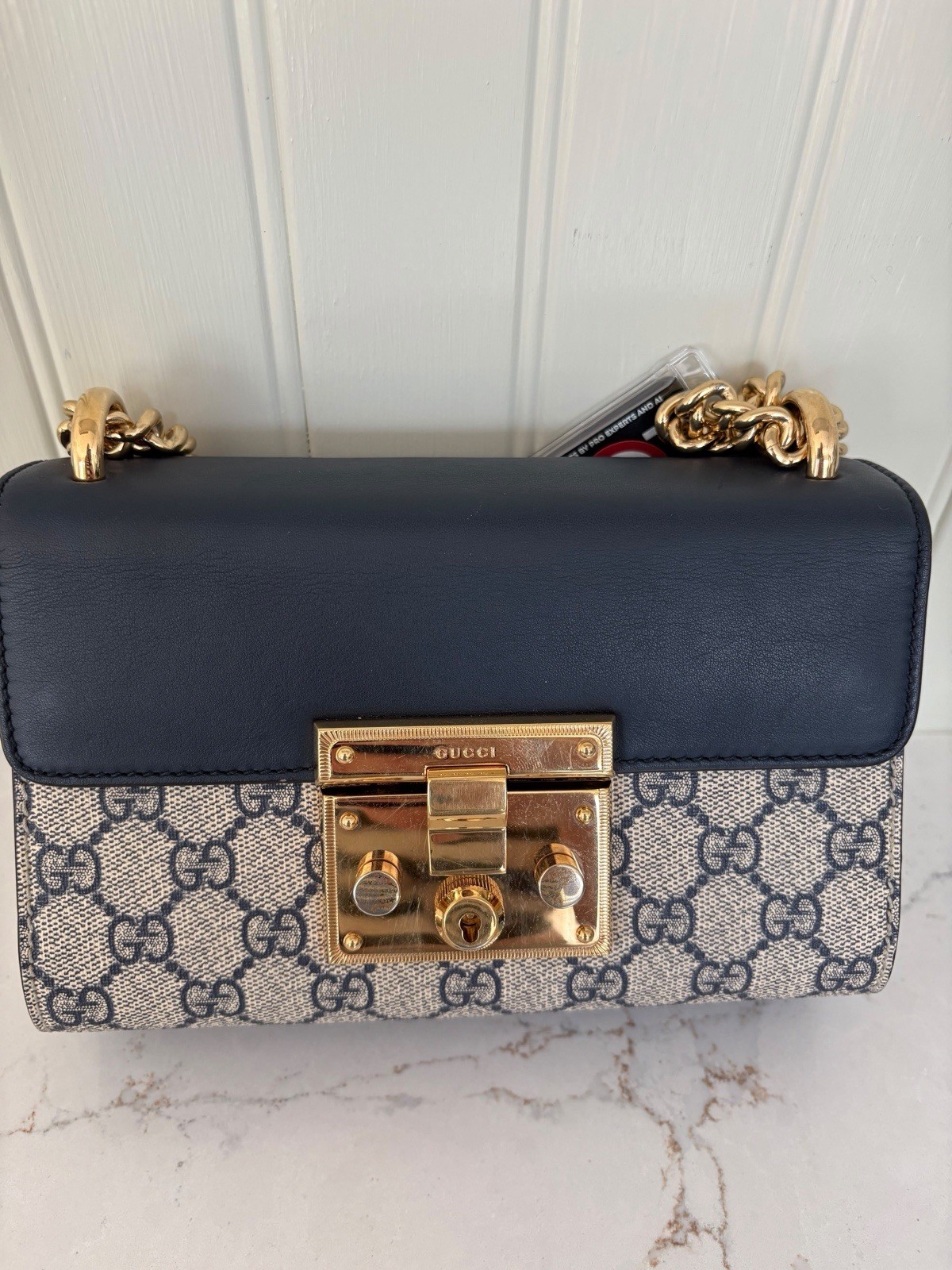 Gucci GG Monogram Padlock Blue Small Shoulder Bag Chain Strap Gold Hardware