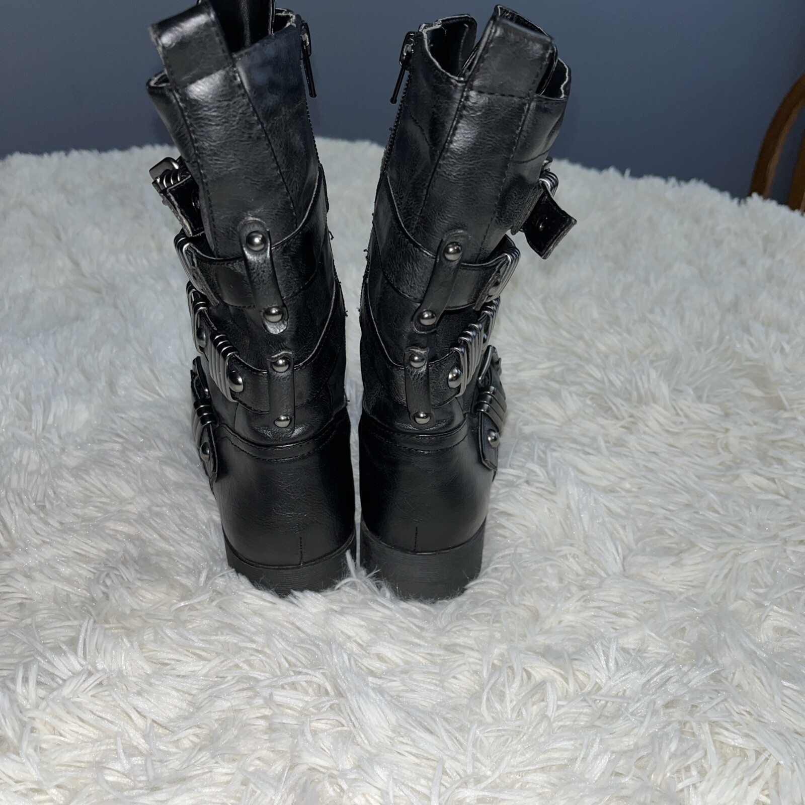 G By Guess Moto Grunge Combat Full-Zip Boot Buckles Black Metal Embellished Sz6m