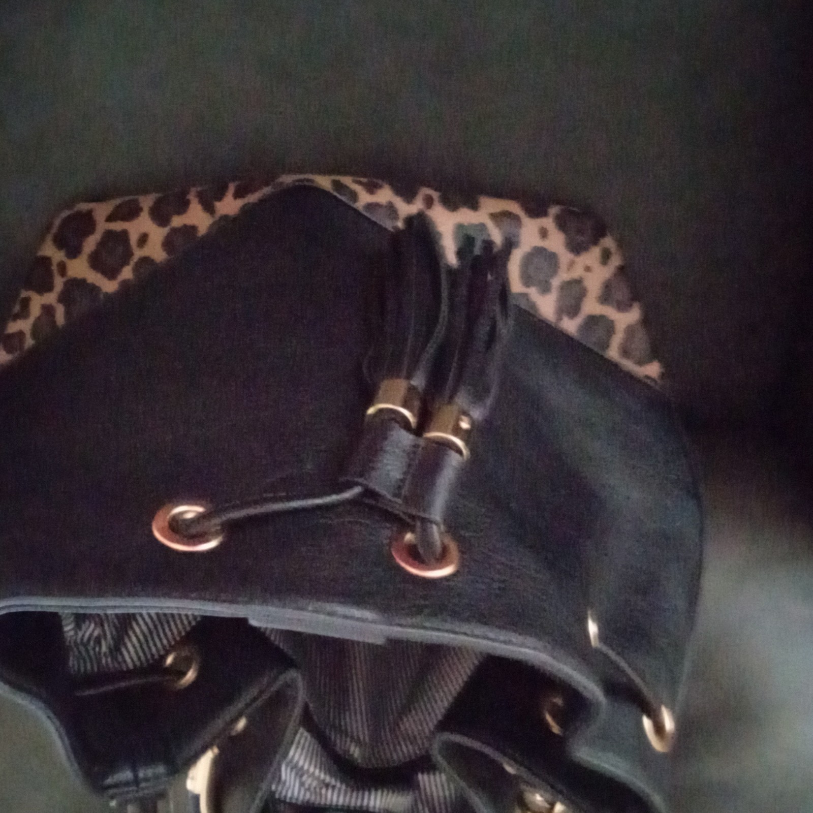 Black Drawstring Shoulder Bag Tassel Detachable Strap Leopard Print Trim