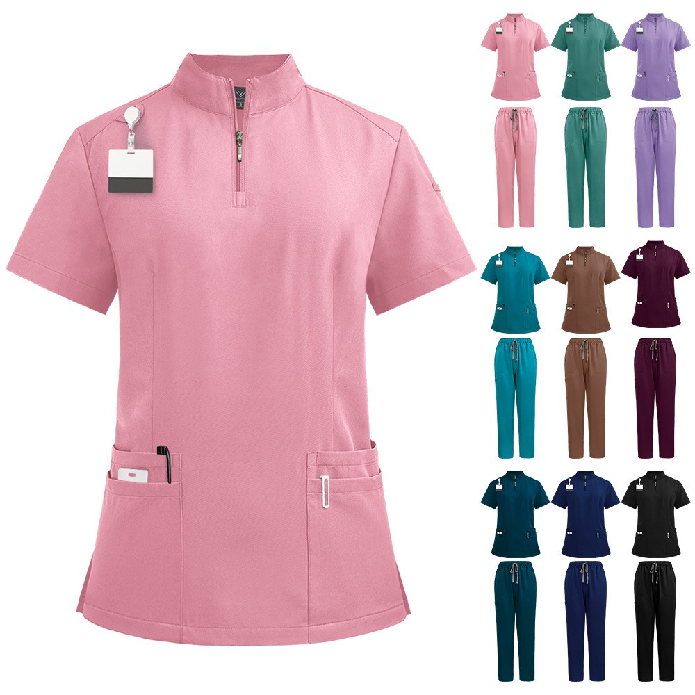 Medical Nursing Scrub Uniform Set Zipper-Tops Straight-Pants for Hospital Clinic