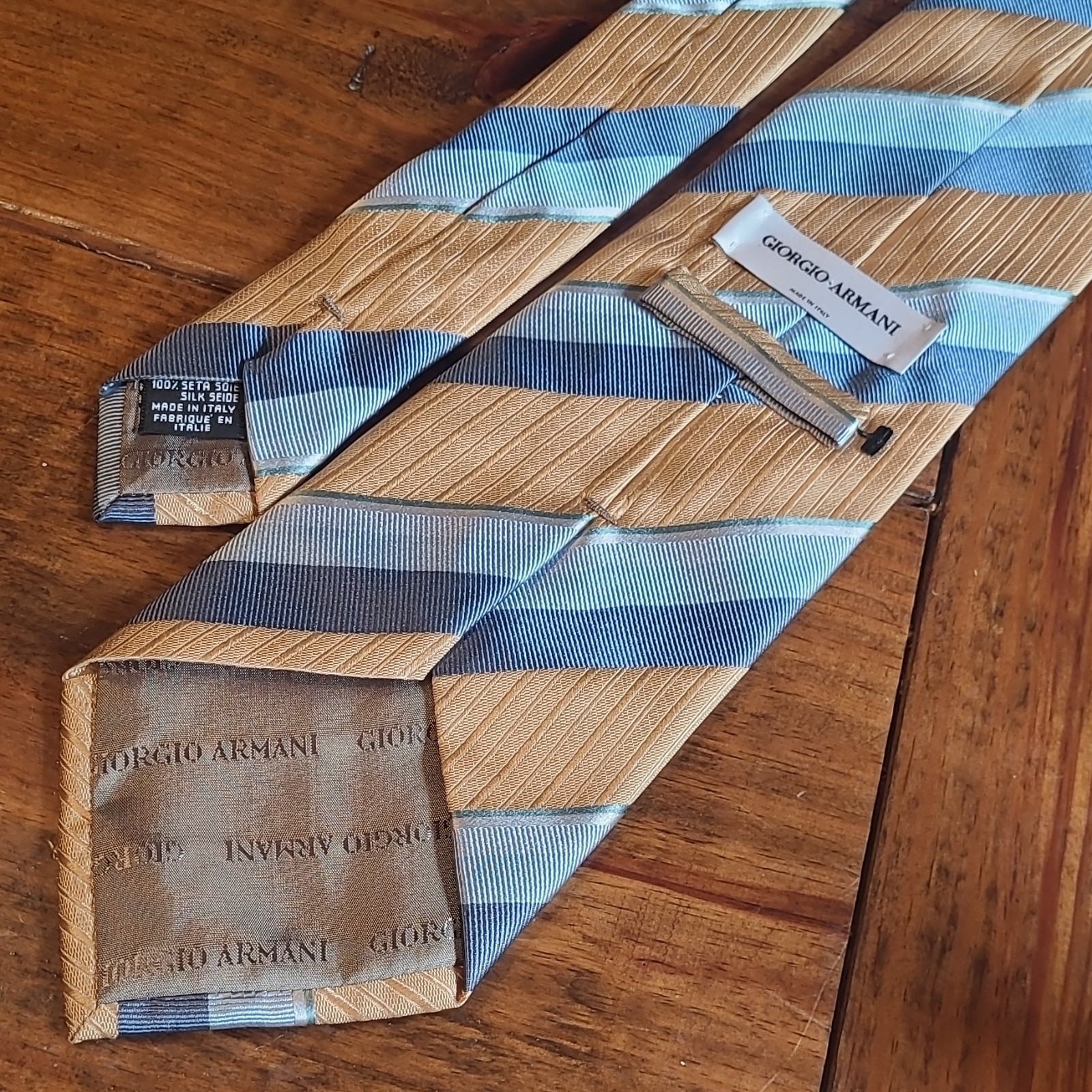 Giorgio Armani Men’s Silk Woven Tie Gold Blue Striped Zipper Logo
