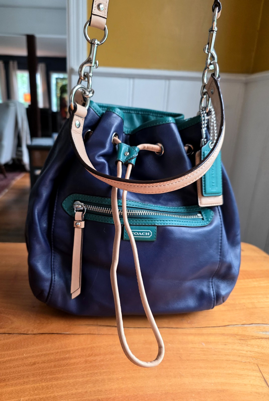 Coach Daisy Leather Drawstring Shoulder Bucket Bag Blue Green Tan Colorblock