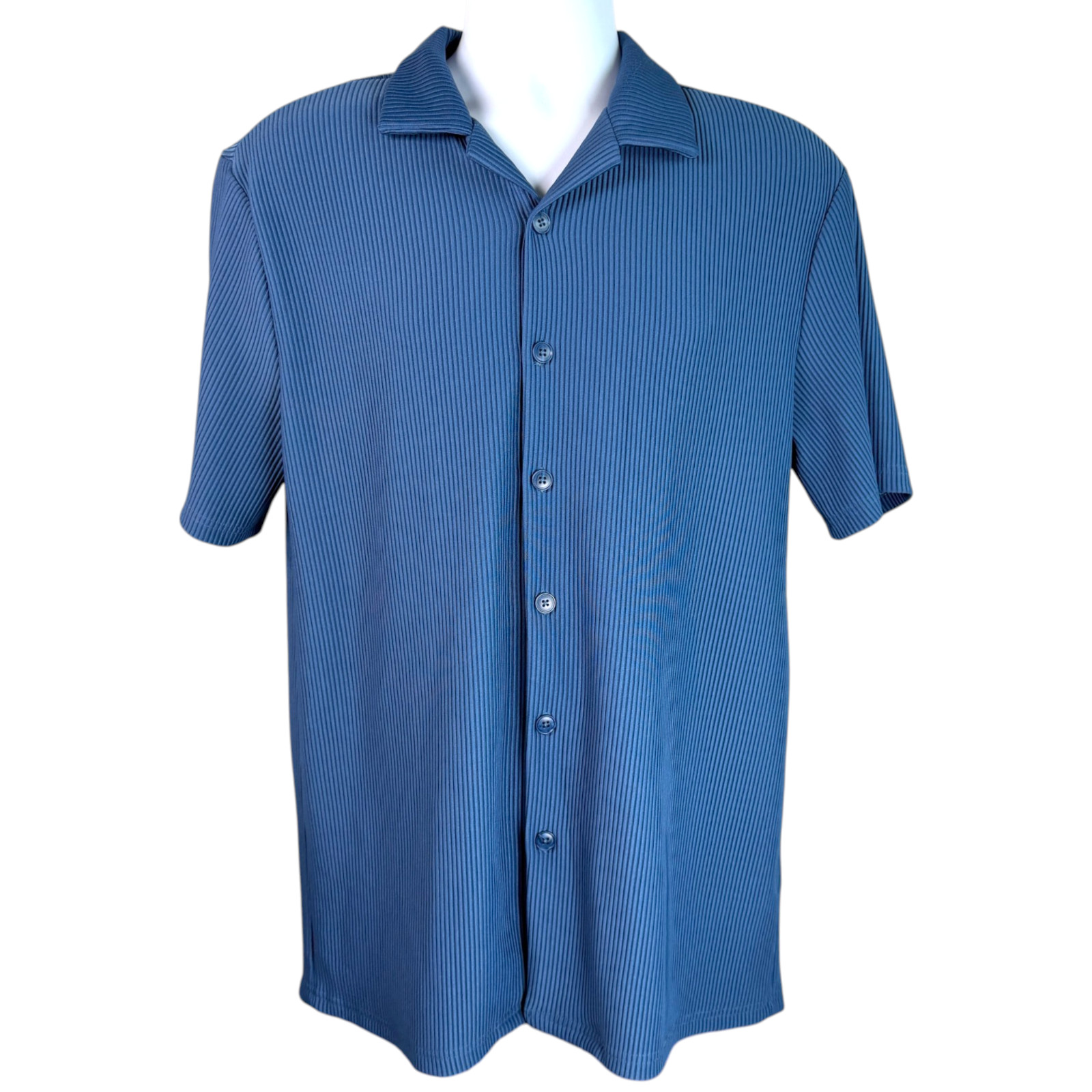 Cove Mens Ribbed Textured Button Front Shirt Sz L Blue Stretch Coastal Resort