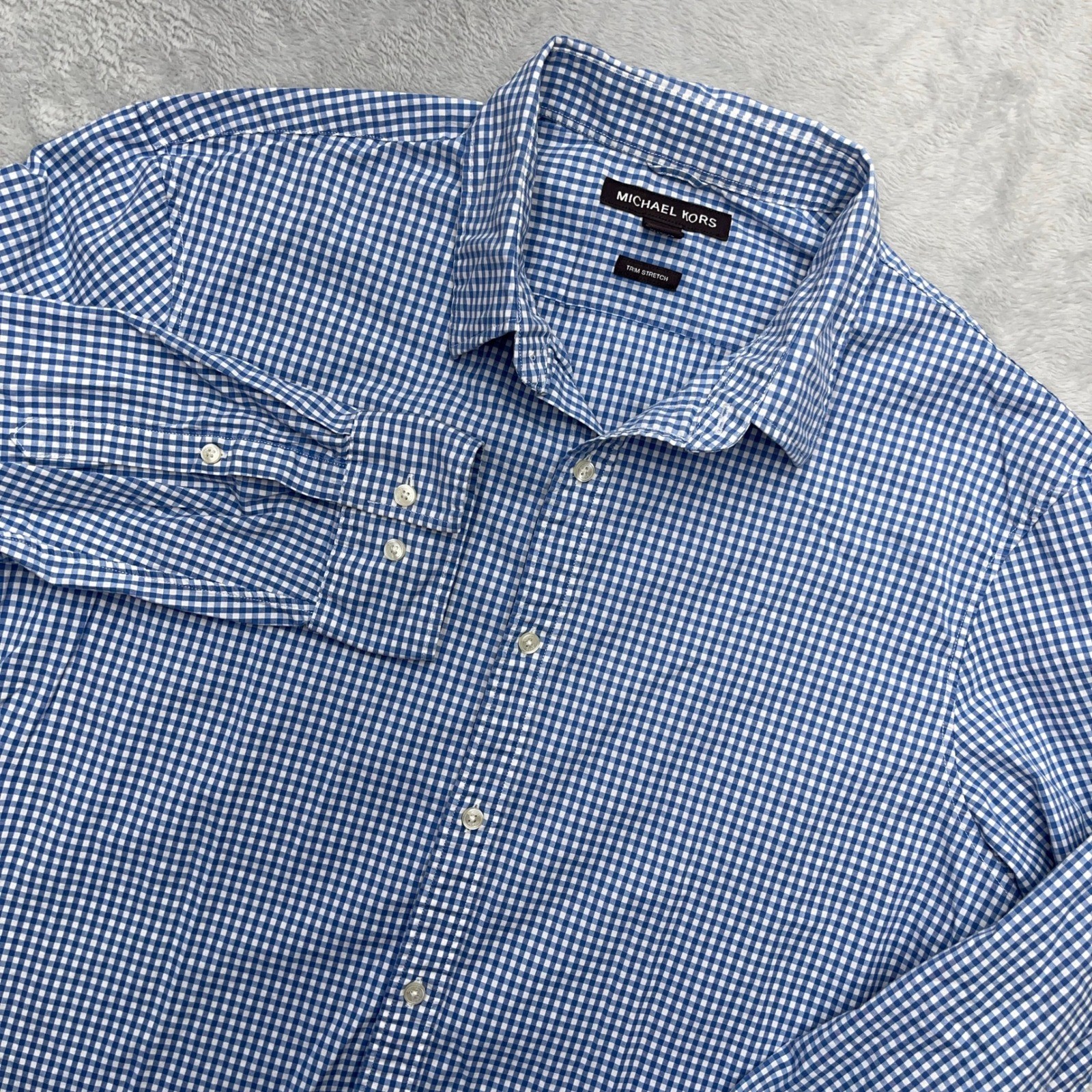 Michael Kors Shirt Mens XL Blue Gingham Check Cotton Trim Stretch Button Up