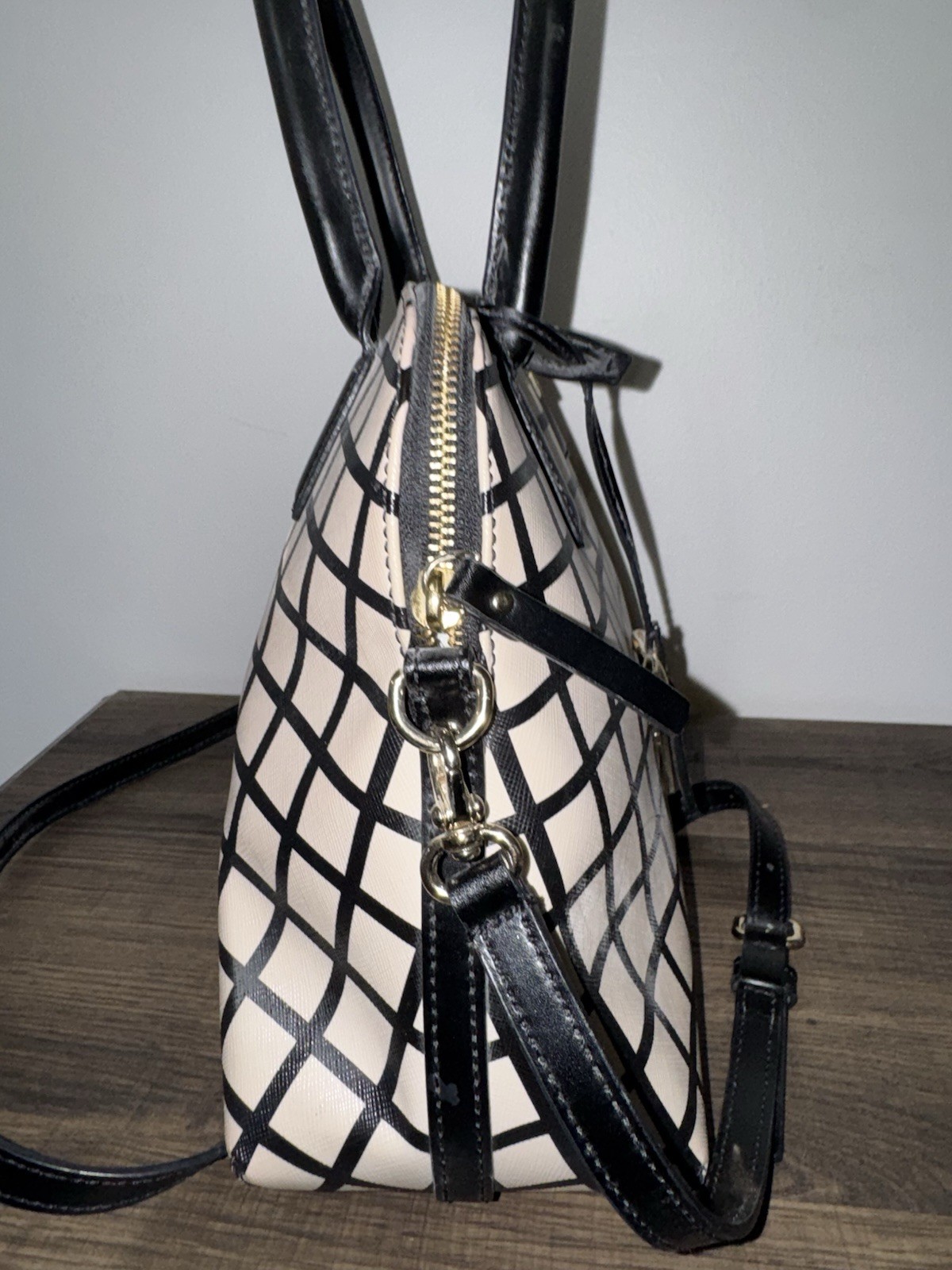 kate spade new york Cream Black Checkered Satchel Zip Detachable Strap Charm