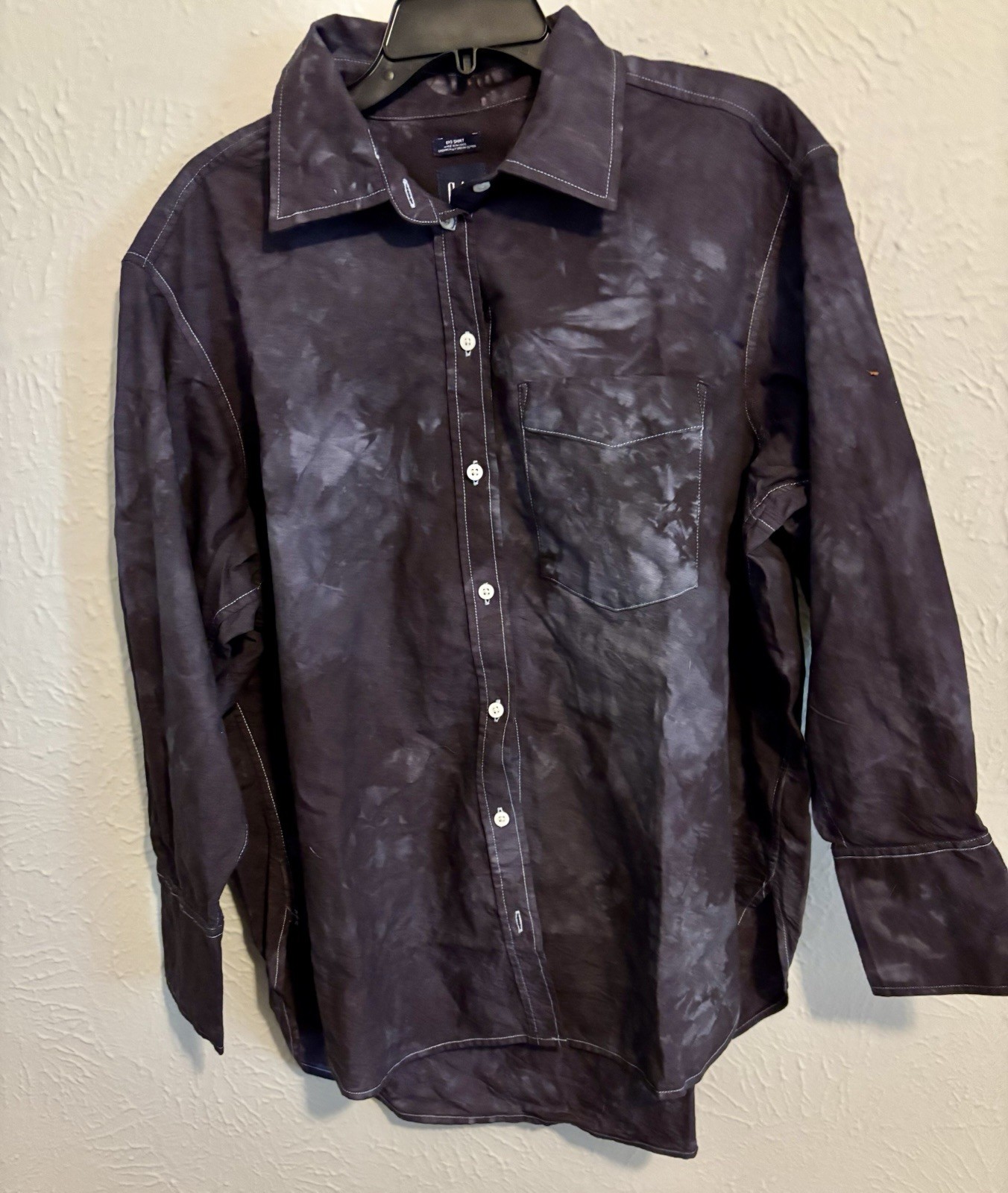 GAP Men’s M Cotton Woven Long Sleeve Button-Up Tie-Dye Shirt Black Gray