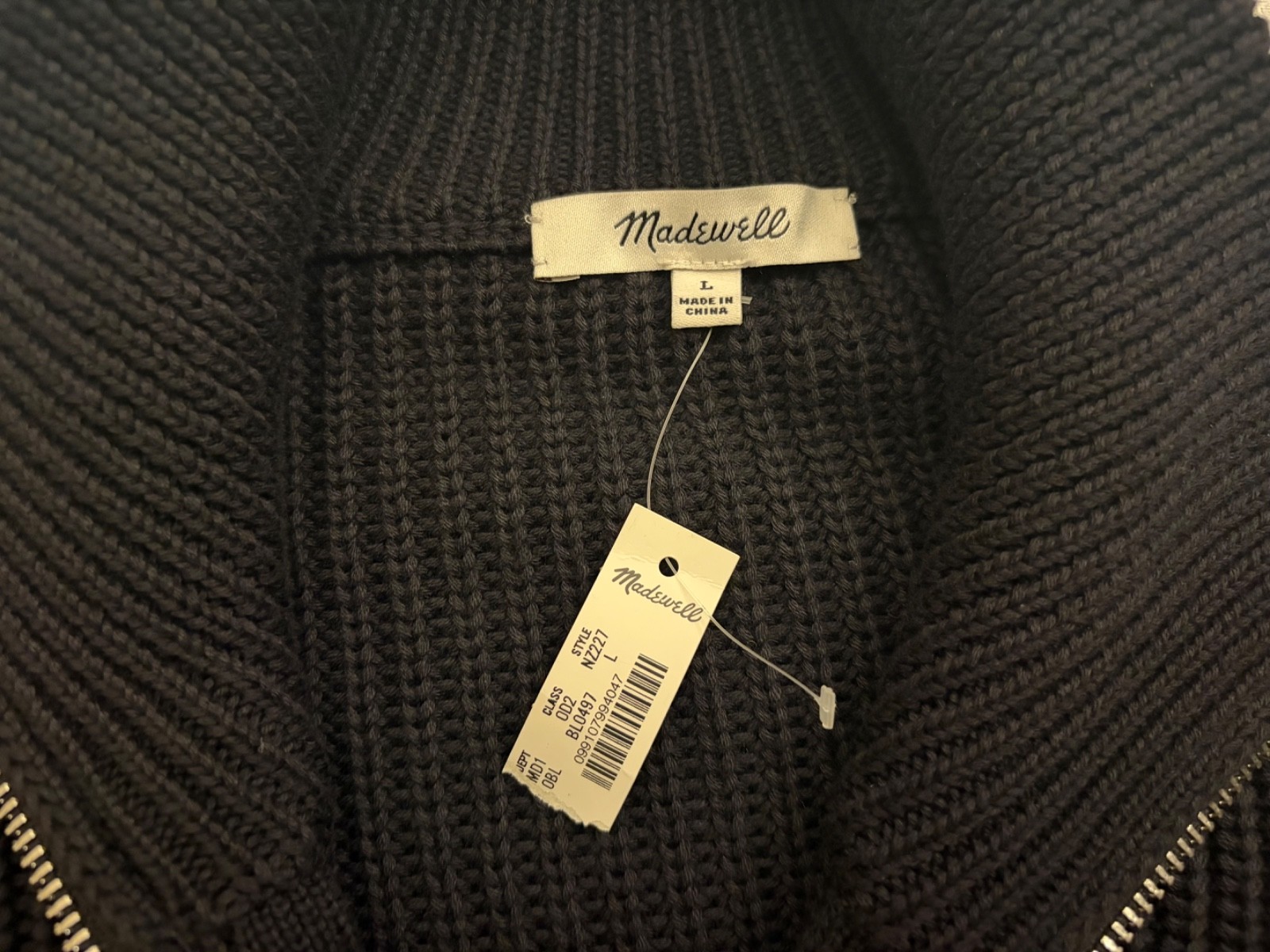 Madewell men’s Cotton Shaker-Stitch Full-Zip Sweater, Obsidian Blue, Size Large