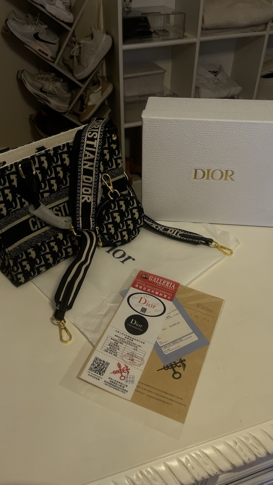 Dior Black/Beige Logo Crossbody Bag Zip Gold Hardware Strap Dust Bag Box