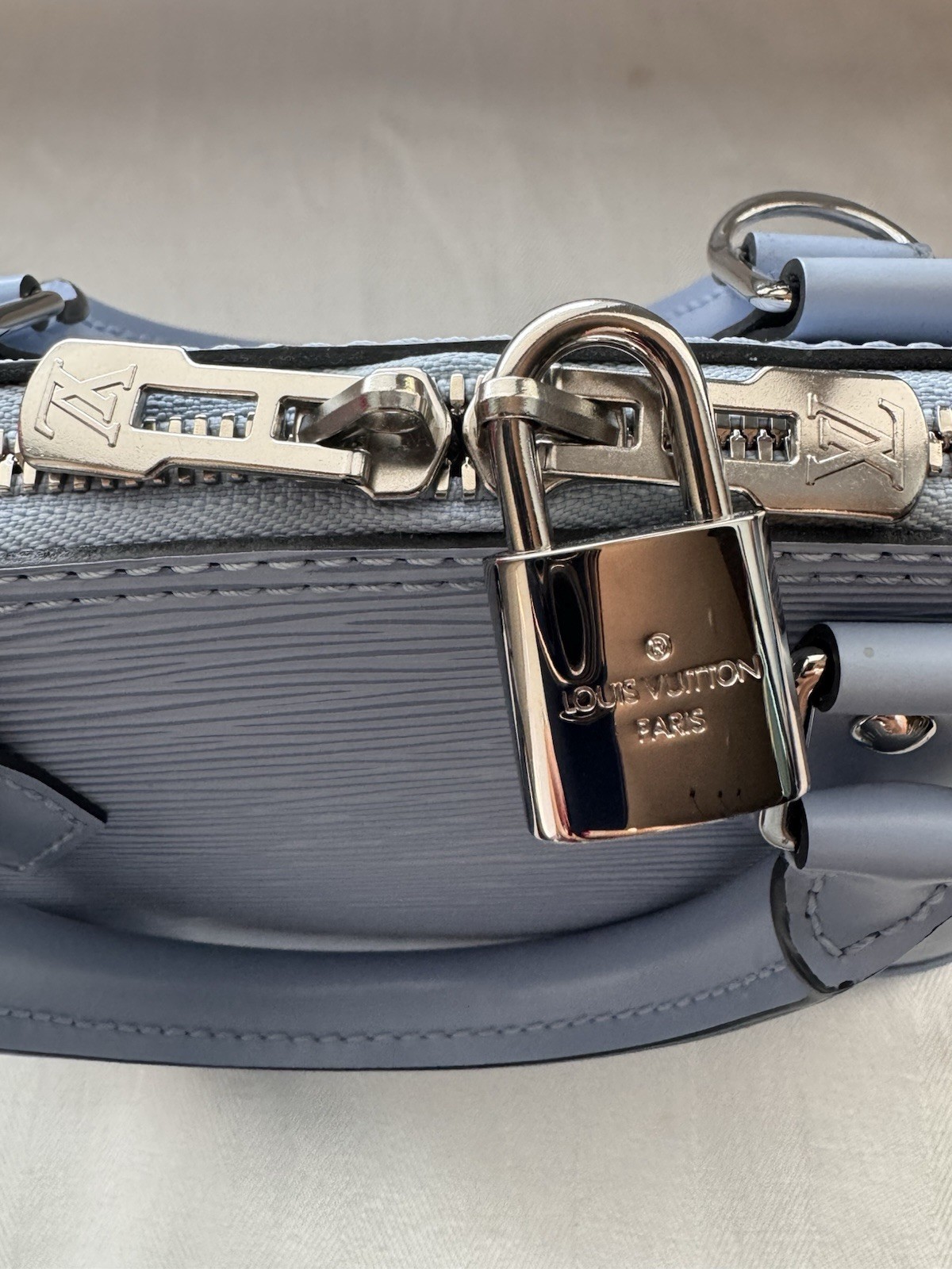 Louis Vuitton Alma Top Handle Bag BB Light Blue Epi Zip w/ Strap & Lock